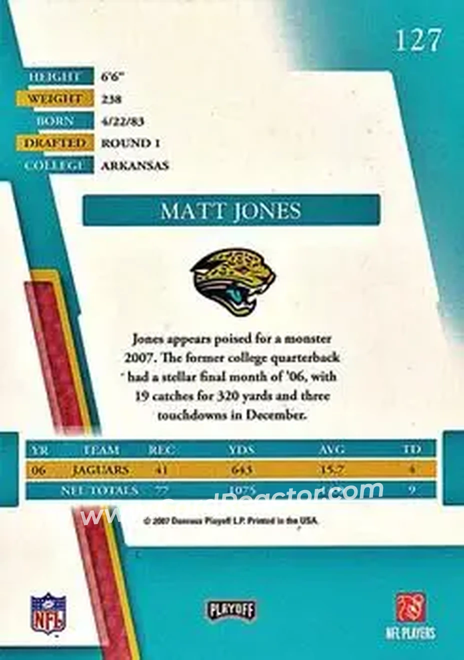 2007 Playoff Absolute Memorabilia #127 - Matt Jones - Jacksonville Jaguars - Back 2007 Playoff Absolute Memorabilia #127 - Matt Jones - Jacksonville Jaguars - Back