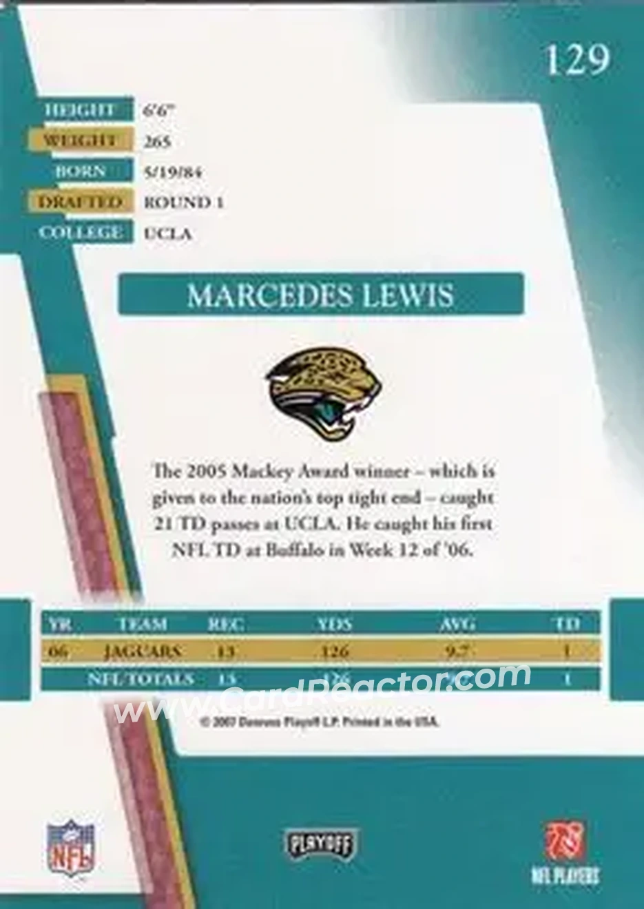 2007 Playoff Absolute Memorabilia #129 - Marcedes Lewis - Jacksonville Jaguars - Back