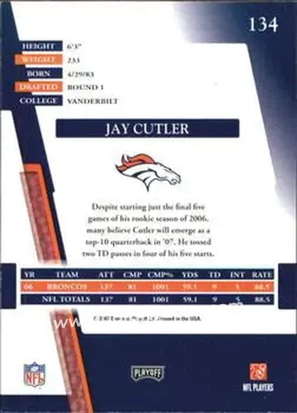 2007 Playoff Absolute Memorabilia #134 - Jay Cutler - Denver Broncos - Back