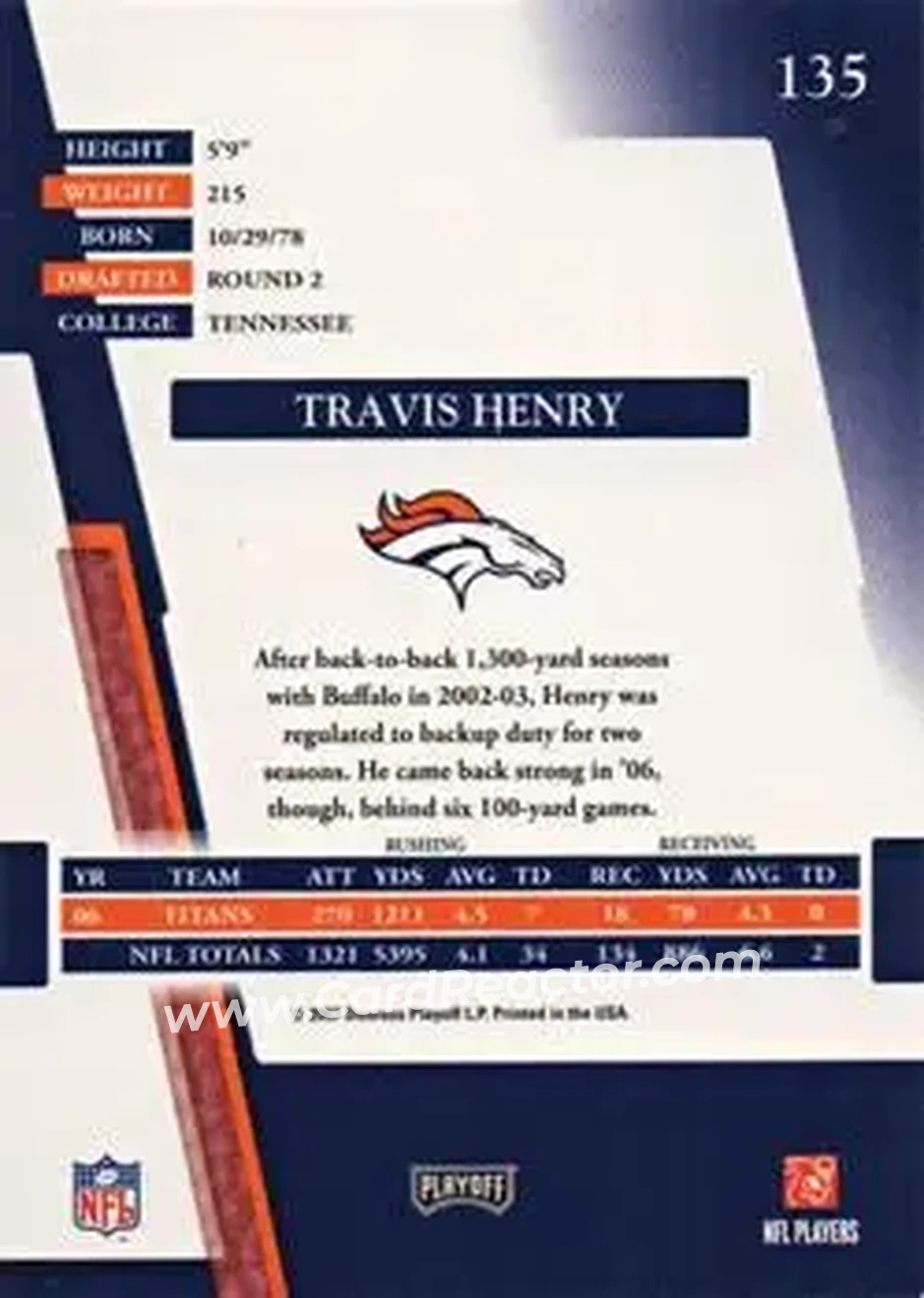 2007 Playoff Absolute Memorabilia #135 - Travis Henry - Denver Broncos - Back 2007 Playoff Absolute Memorabilia #135 - Travis Henry - Denver Broncos - Back
