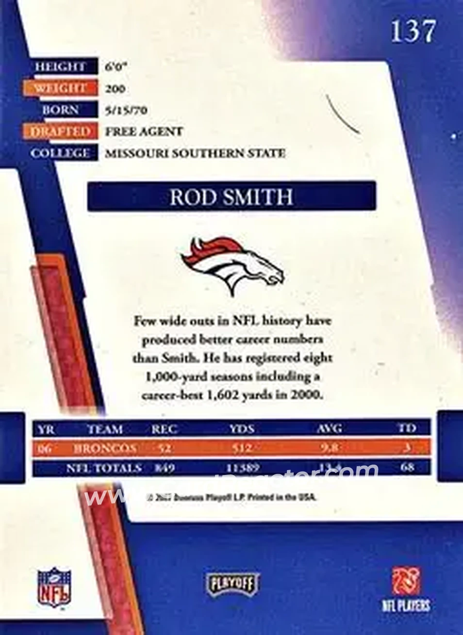 2007 Playoff Absolute Memorabilia #137 - Rod Smith - Denver Broncos - Back