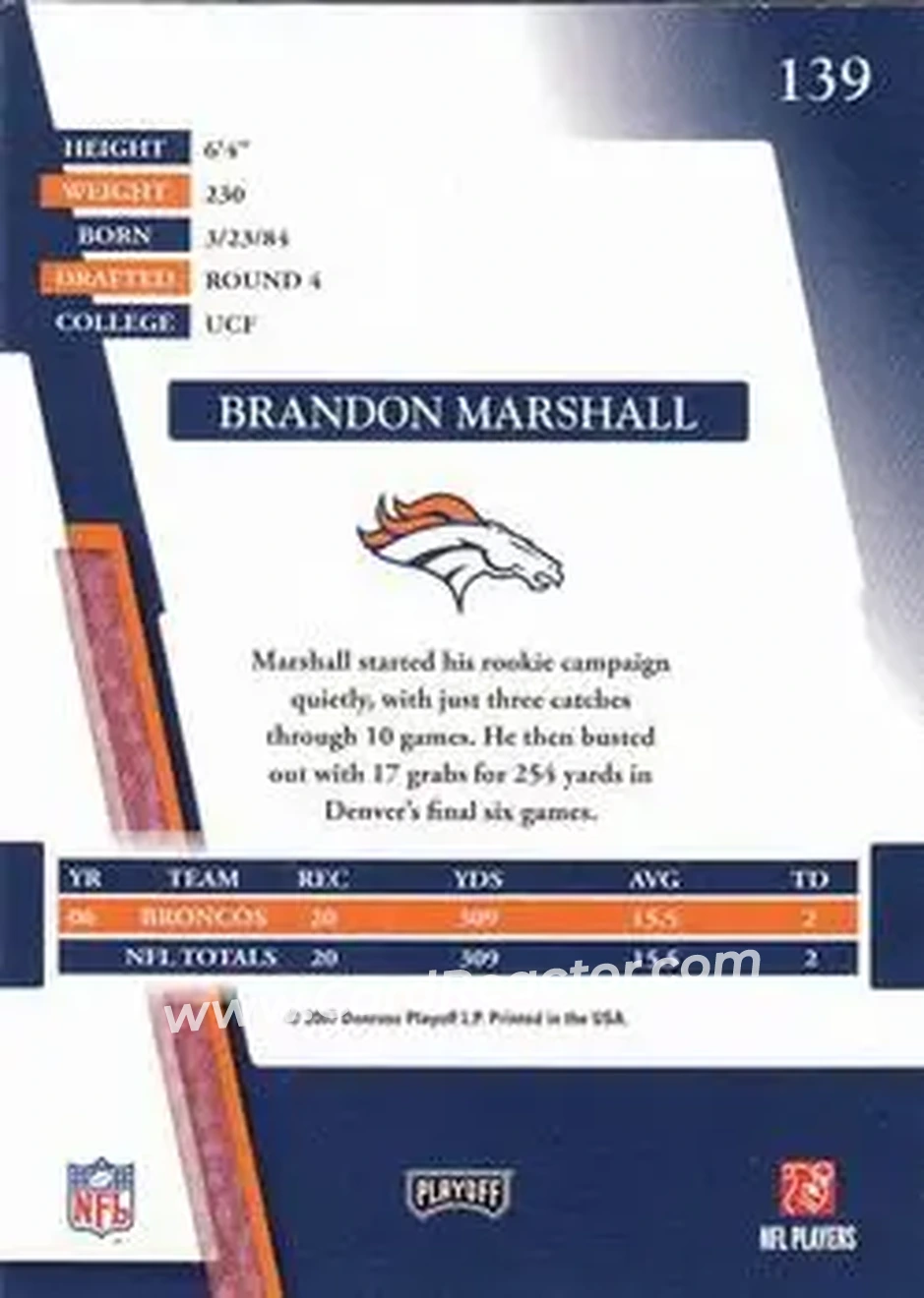 2007 Playoff Absolute Memorabilia #139 - Brandon Marshall - Denver Broncos - Back