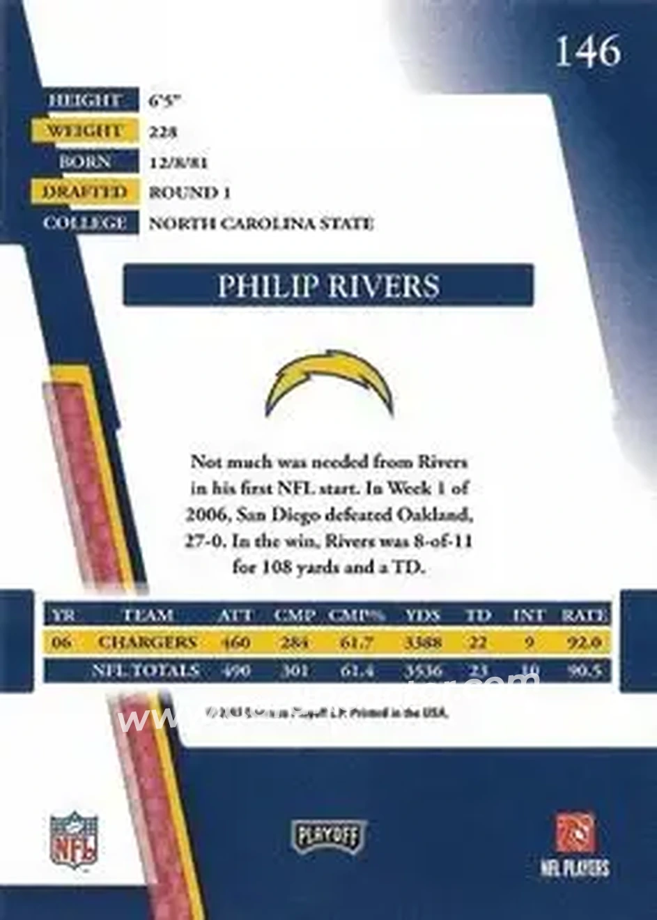 2007 Playoff Absolute Memorabilia #146 - Philip Rivers - San Diego Chargers - Back