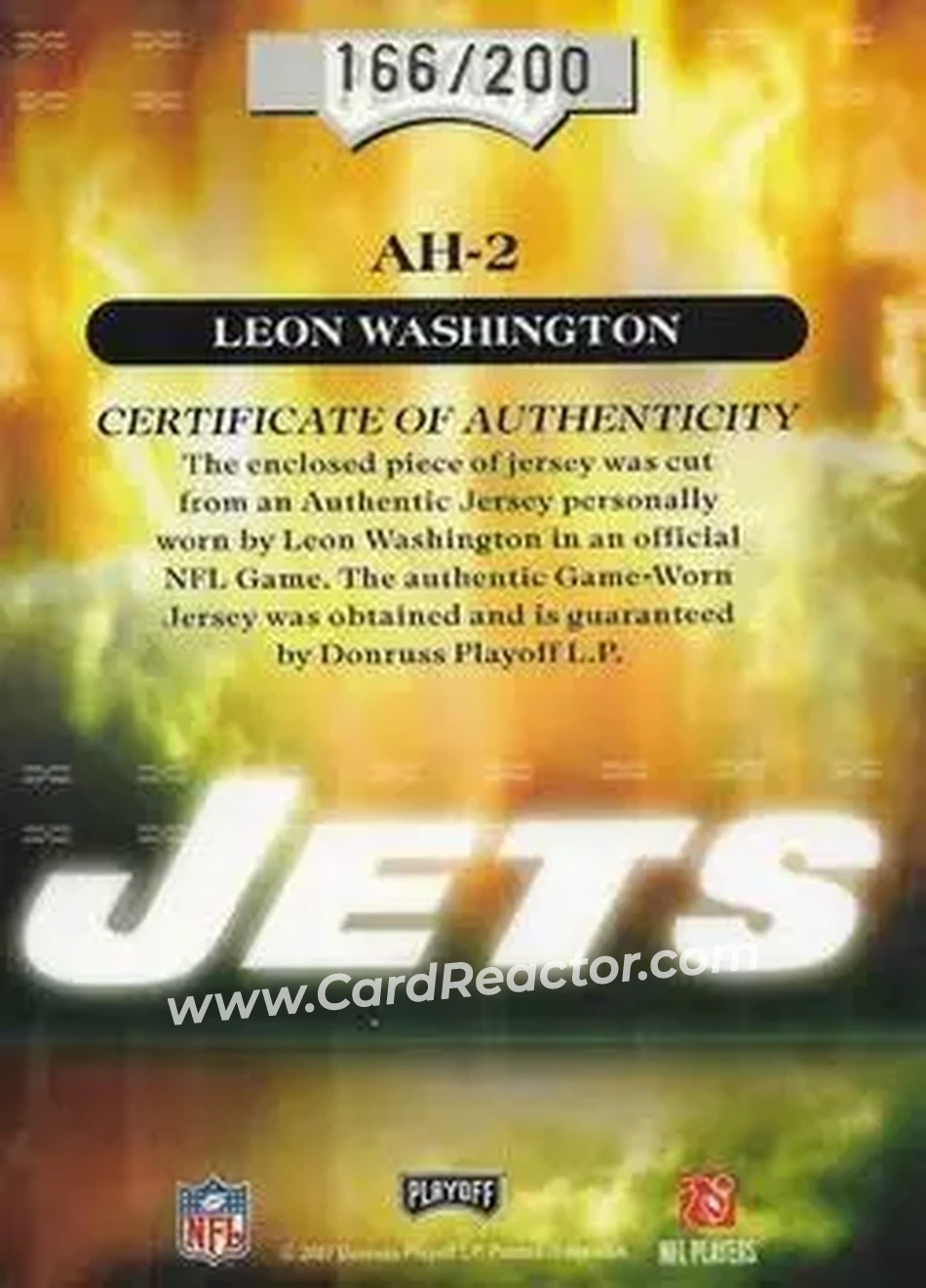 2007 Playoff Absolute Memorabilia - Absolute Heroes Materials #AH-2 - Leon Washington - New York Jets - Back