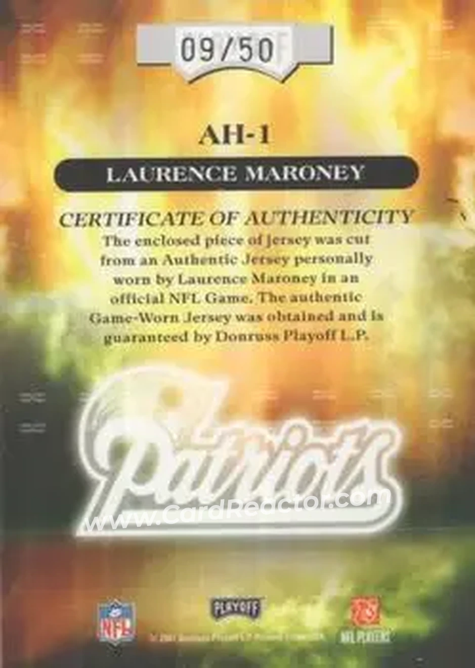 2007 Playoff Absolute Memorabilia - Absolute Heroes Materials Prime #AH-1 - Laurence Maroney - New England Patriots - Back