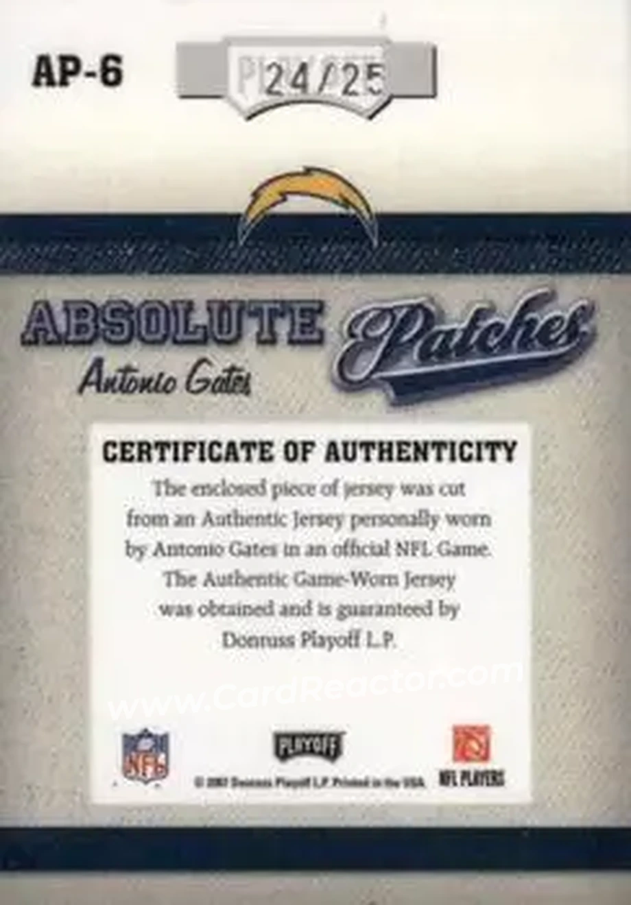 2007 Playoff Absolute Memorabilia - Absolute Patches Prime #AP-6 - Antonio Gates - San Diego Chargers - Back 2007 Playoff Absolute Memorabilia - Absolute Patches Prime #AP-6 - Antonio Gates - San Diego Chargers - Back