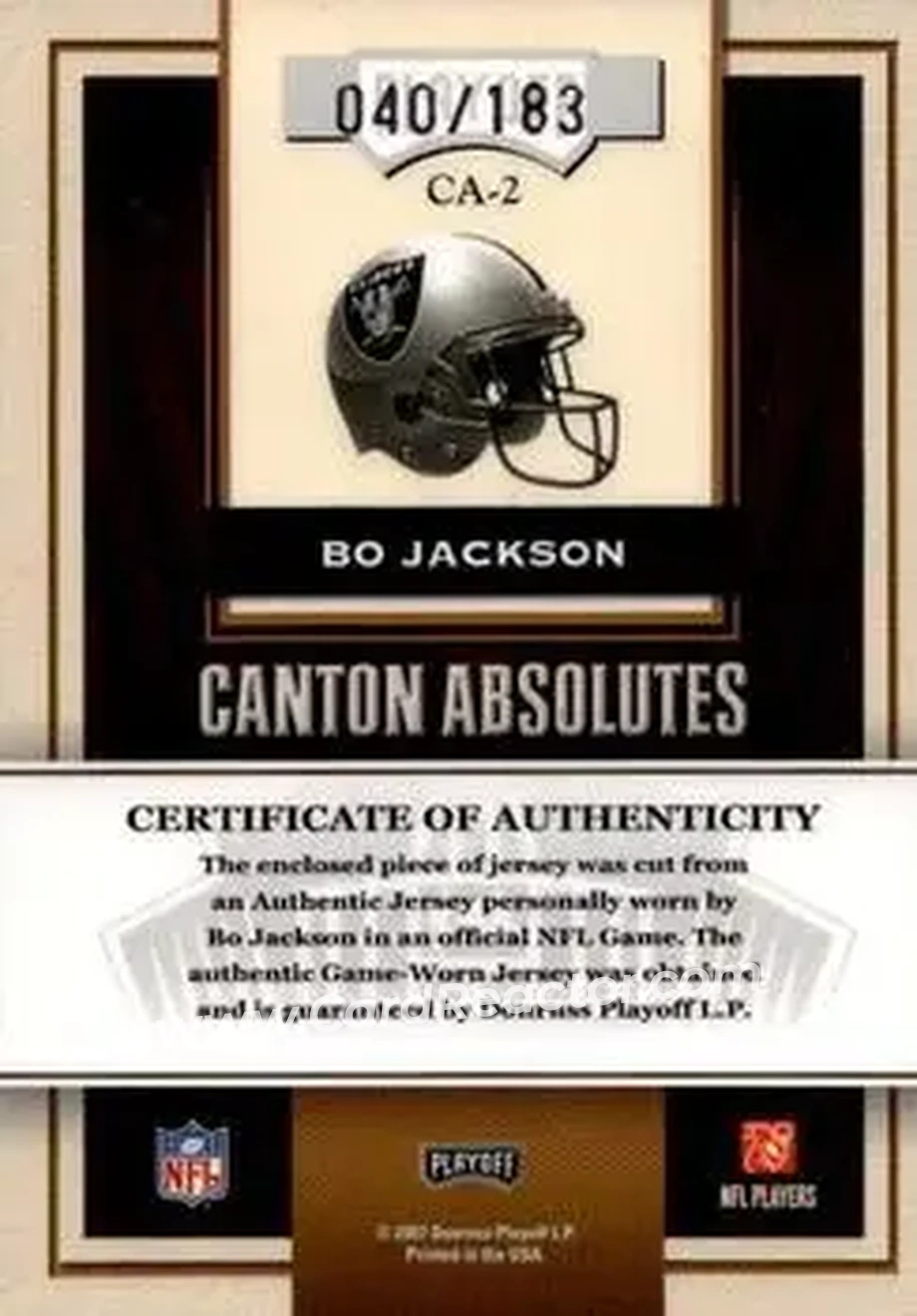 2007 Playoff Absolute Memorabilia - Canton Absolutes Materials #CA-2 - Bo Jackson - Los Angeles Raiders - Back 2007 Playoff Absolute Memorabilia - Canton Absolutes Materials #CA-2 - Bo Jackson - Los Angeles Raiders - Back