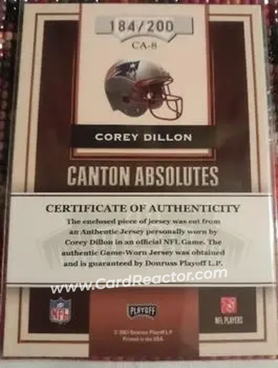 2007 Playoff Absolute Memorabilia - Canton Absolutes Materials #CA-8 - Corey Dillon - New England Patriots - Back