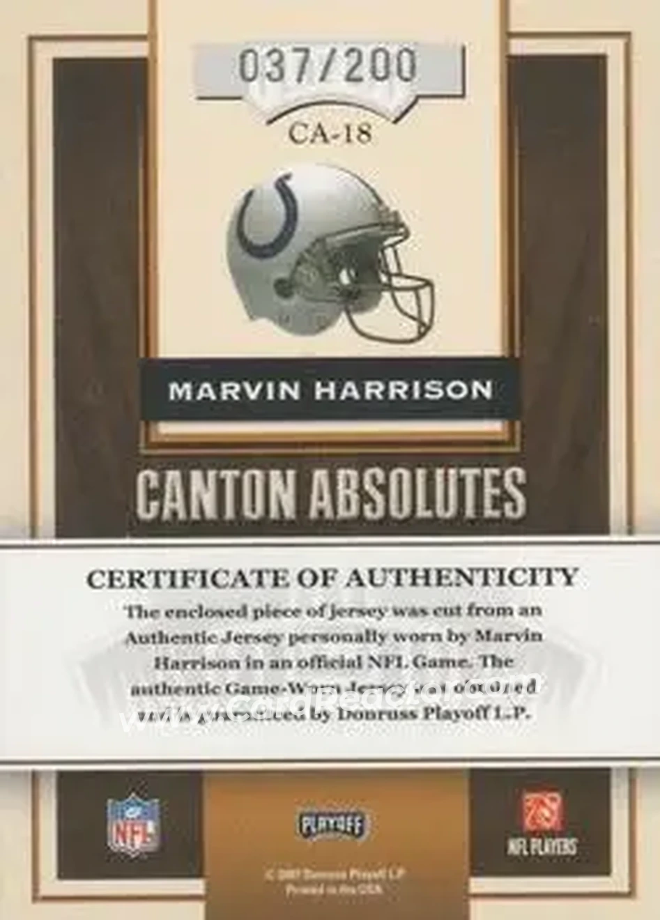 2007 Playoff Absolute Memorabilia - Canton Absolutes Materials #CA-18 - Marvin Harrison - Indianapolis Colts - Back