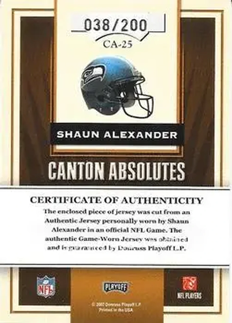 2007 Playoff Absolute Memorabilia - Canton Absolutes Materials #CA-25 - Shaun Alexander - Seattle Seahawks - Back