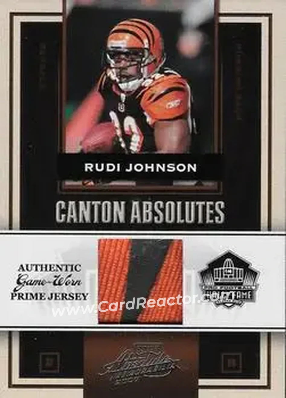 2007 Playoff Absolute Memorabilia - Canton Absolutes Materials Prime #CA-23 - Rudi Johnson - Cincinnati Bengals - Front 2007 Playoff Absolute Memorabilia - Canton Absolutes Materials Prime #CA-23 - Rudi Johnson - Cincinnati Bengals - Front