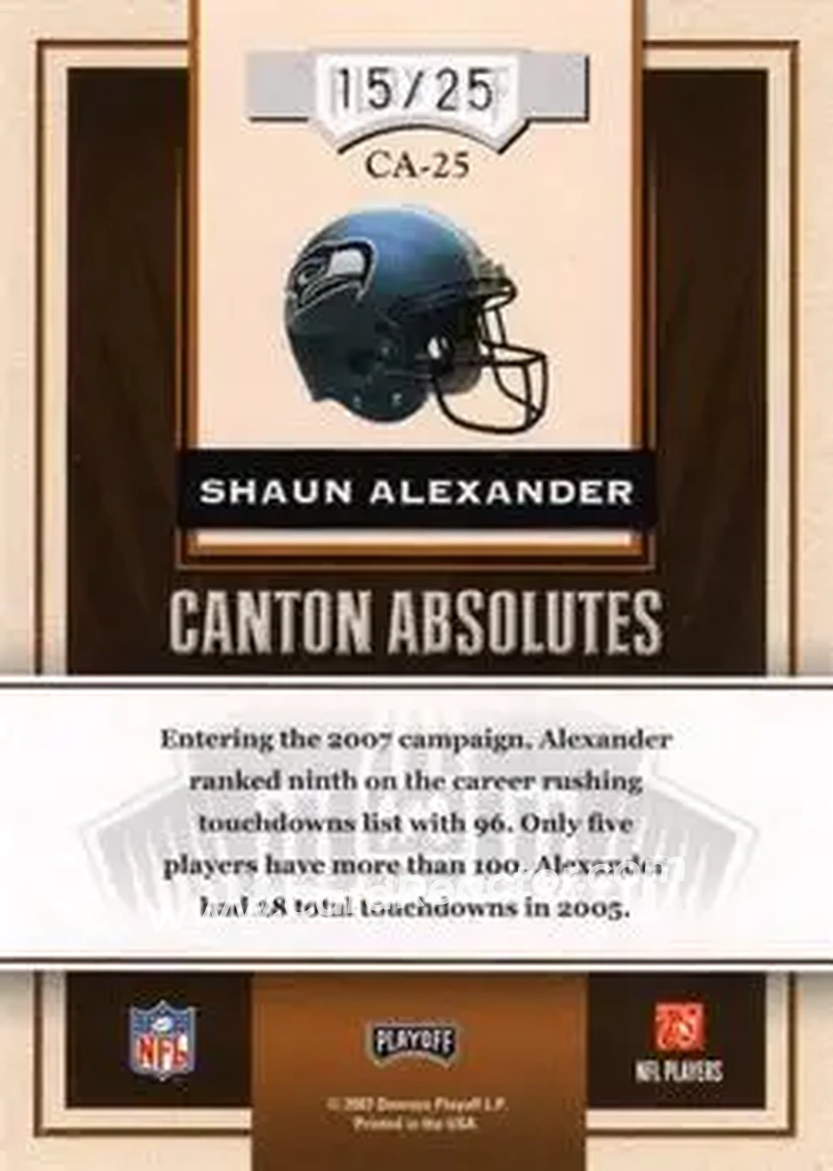 2007 Playoff Absolute Memorabilia - Canton Absolutes Spectrum #CA-25 - Shaun Alexander - Seattle Seahawks - Back 2007 Playoff Absolute Memorabilia - Canton Absolutes Spectrum #CA-25 - Shaun Alexander - Seattle Seahawks - Back