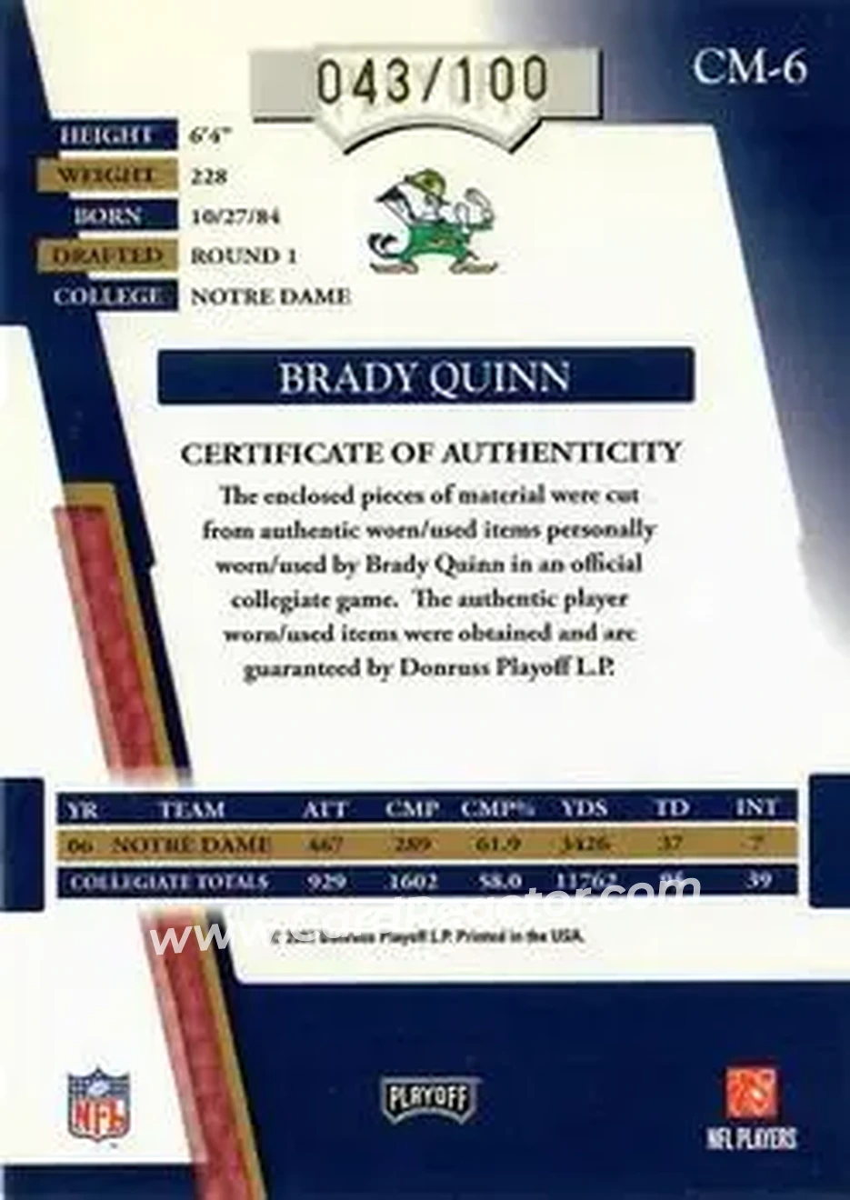 2007 Playoff Absolute Memorabilia - College Materials #CM-6 - Brady Quinn - Notre Dame Fighting Irish - Back 2007 Playoff Absolute Memorabilia - College Materials #CM-6 - Brady Quinn - Notre Dame Fighting Irish - Back