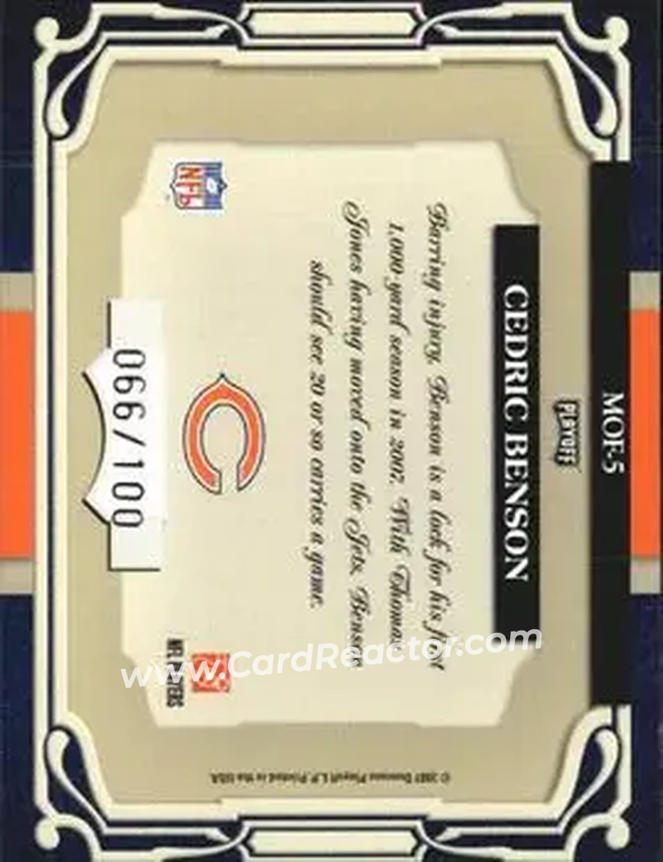 2007 Playoff Absolute Memorabilia - Marks of Fame #MOF-5 - Cedric Benson - Chicago Bears - Back 2007 Playoff Absolute Memorabilia - Marks of Fame #MOF-5 - Cedric Benson - Chicago Bears - Back