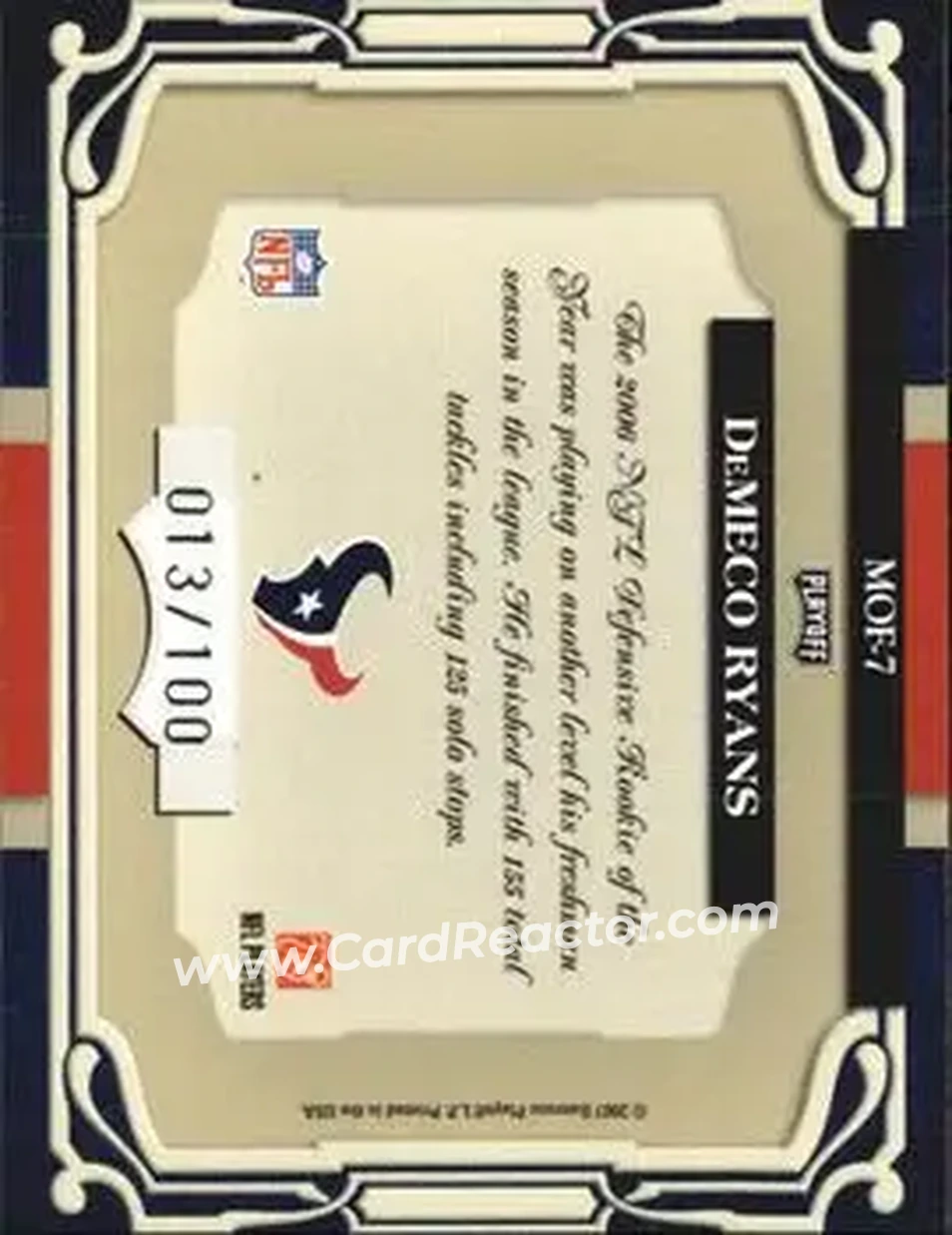 2007 Playoff Absolute Memorabilia - Marks of Fame #MOF-7 - DeMeco Ryans - Houston Texans - Back 2007 Playoff Absolute Memorabilia - Marks of Fame #MOF-7 - DeMeco Ryans - Houston Texans - Back