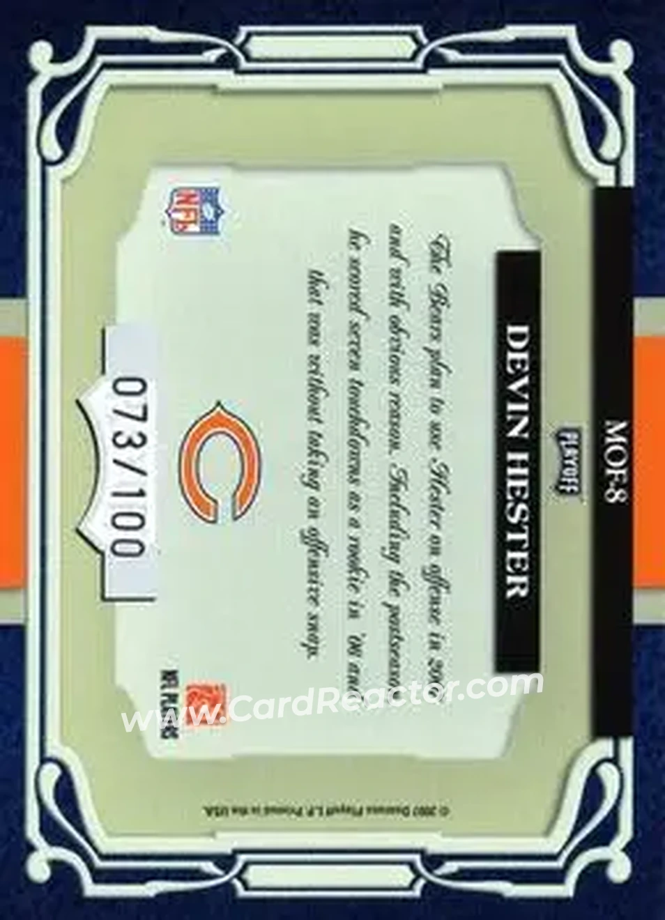 2007 Playoff Absolute Memorabilia - Marks of Fame #MOF-8 - Devin Hester - Chicago Bears - Back 2007 Playoff Absolute Memorabilia - Marks of Fame #MOF-8 - Devin Hester - Chicago Bears - Back