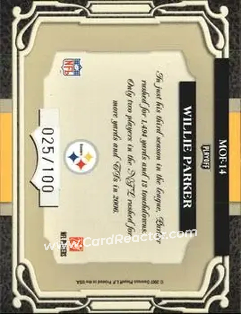 2007 Playoff Absolute Memorabilia - Marks of Fame #MOF-14 - Willie Parker - Pittsburgh Steelers - Back 2007 Playoff Absolute Memorabilia - Marks of Fame #MOF-14 - Willie Parker - Pittsburgh Steelers - Back