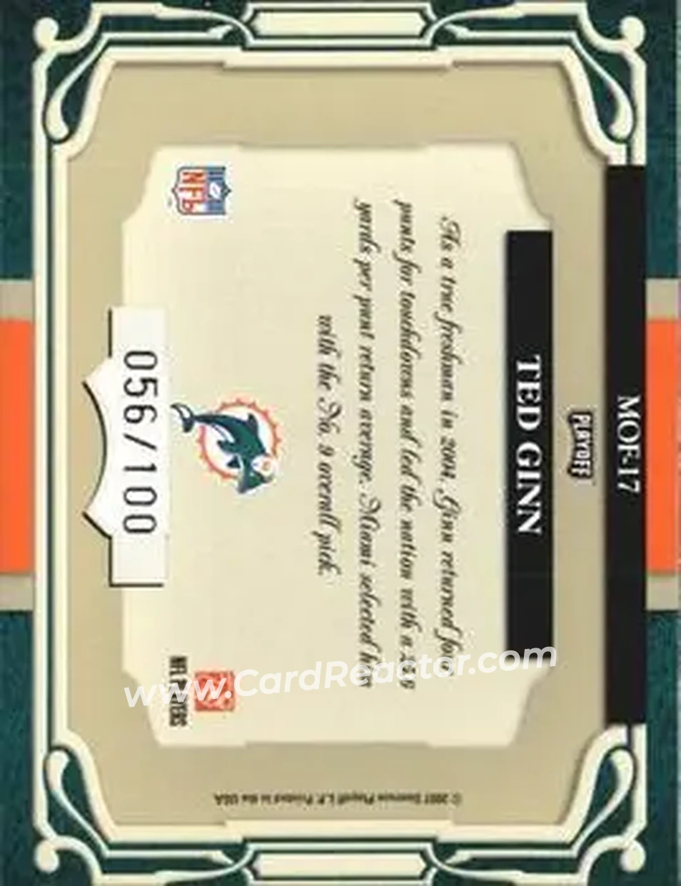 2007 Playoff Absolute Memorabilia - Marks of Fame #MOF-17 - Ted Ginn Jr. - Miami Dolphins - Back