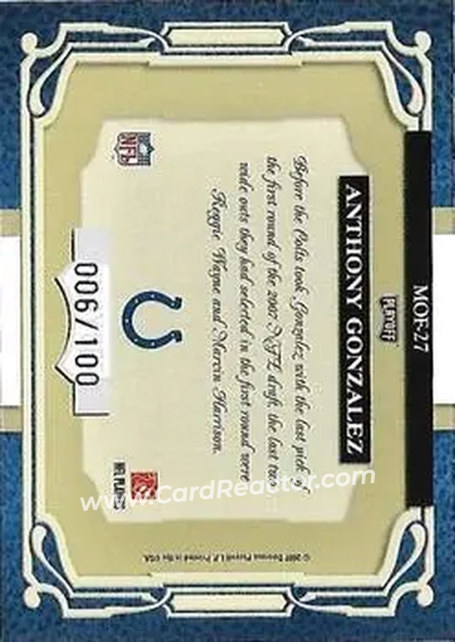 2007 Playoff Absolute Memorabilia - Marks of Fame #MOF-27 - Anthony Gonzalez - Indianapolis Colts - Back