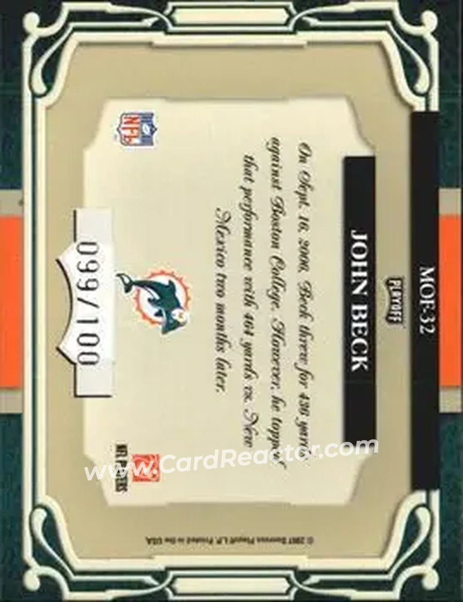 2007 Playoff Absolute Memorabilia - Marks of Fame #MOF-32 - John Beck - Miami Dolphins - Back