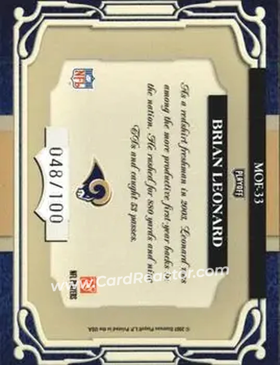 2007 Playoff Absolute Memorabilia - Marks of Fame #MOF-33 - Brian Leonard - St. Louis Rams - Back