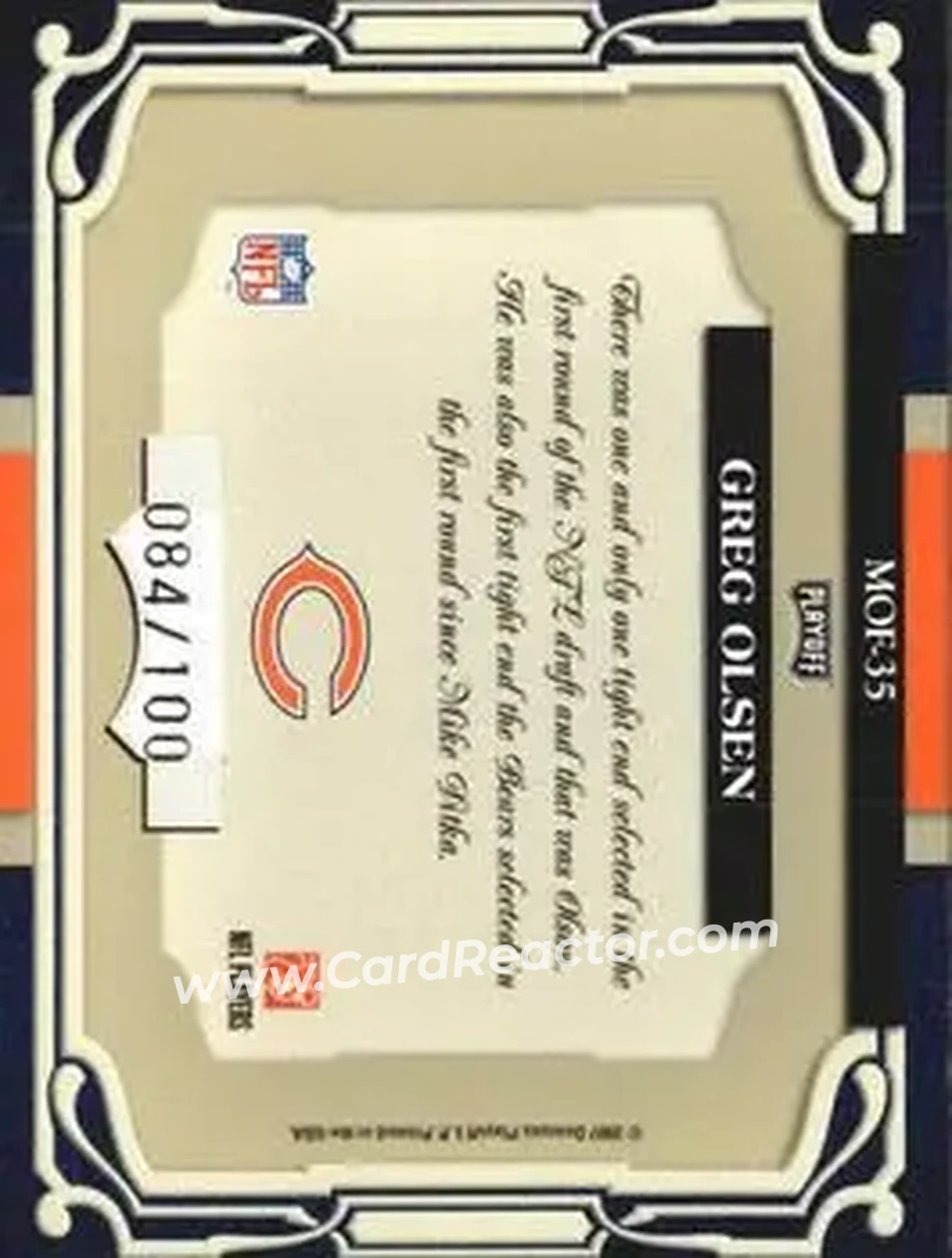 2007 Playoff Absolute Memorabilia - Marks of Fame #MOF-35 - Greg Olsen - Chicago Bears - Back