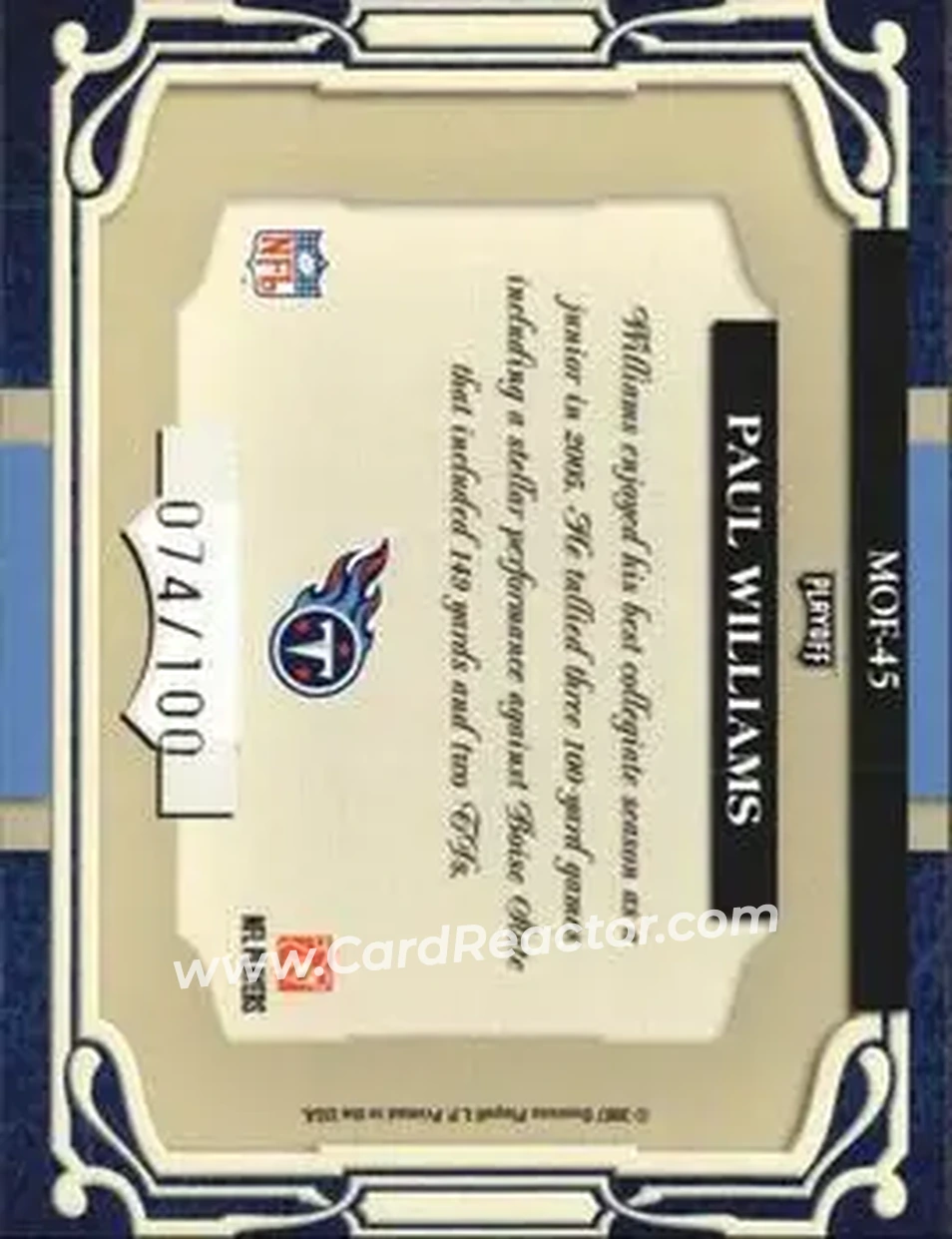 2007 Playoff Absolute Memorabilia - Marks of Fame #MOF-45 - Paul Williams - Tennessee Titans - Back