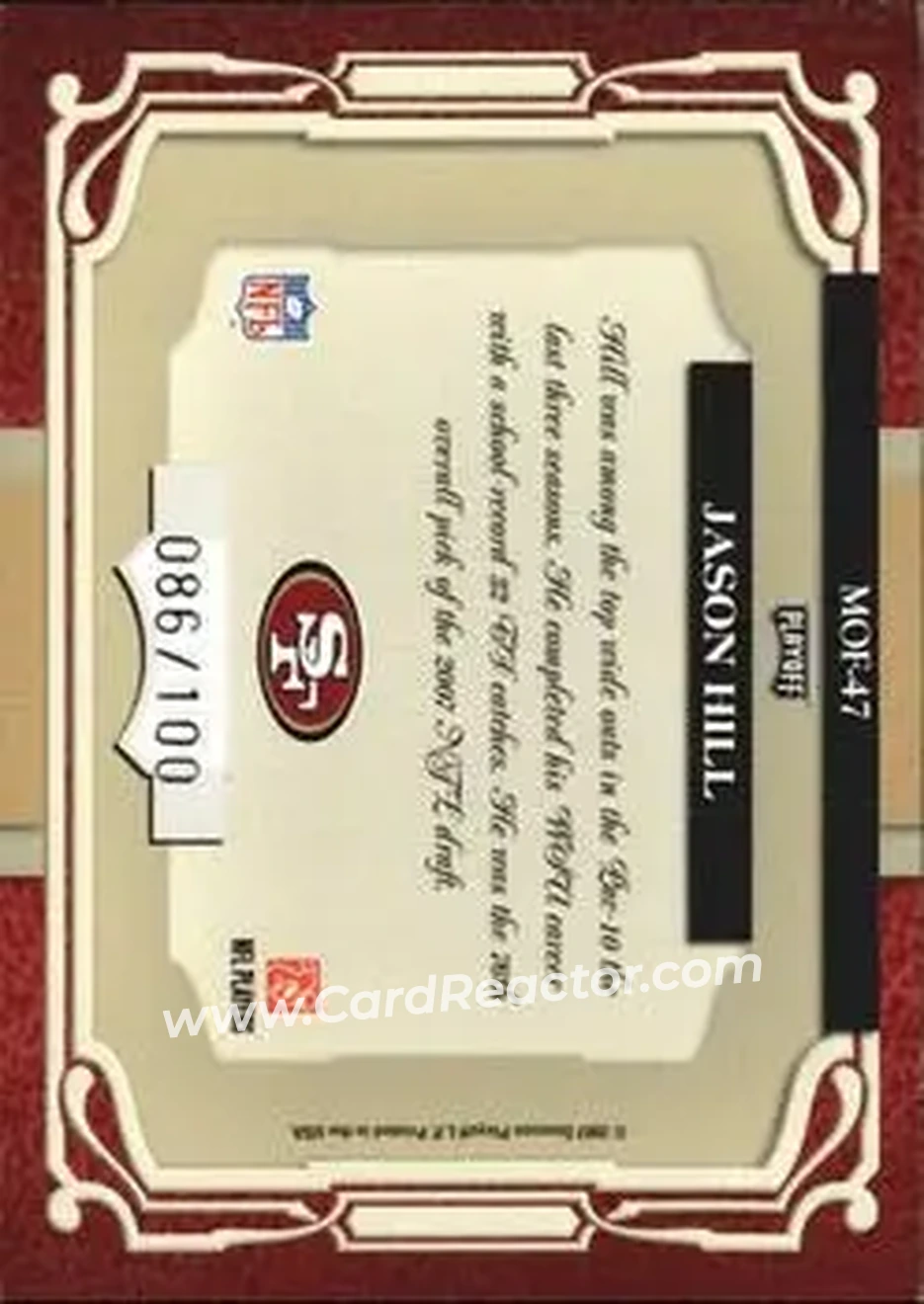 2007 Playoff Absolute Memorabilia - Marks of Fame #MOF-47 - Jason Hill - San Francisco 49ers - Back
