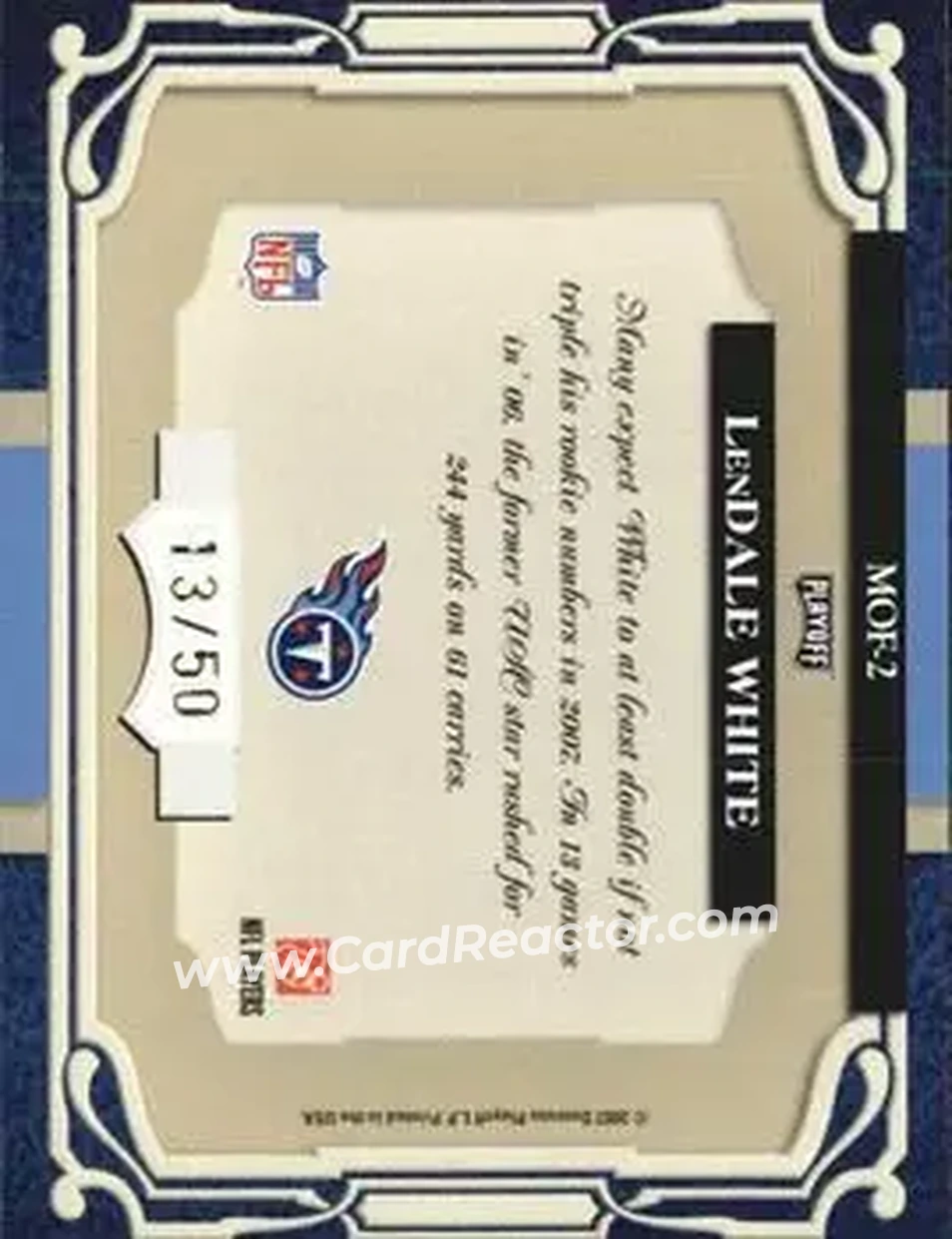2007 Playoff Absolute Memorabilia - Marks of Fame Gold #MOF-2 - LenDale White - Tennessee Titans - Back 2007 Playoff Absolute Memorabilia - Marks of Fame Gold #MOF-2 - LenDale White - Tennessee Titans - Back