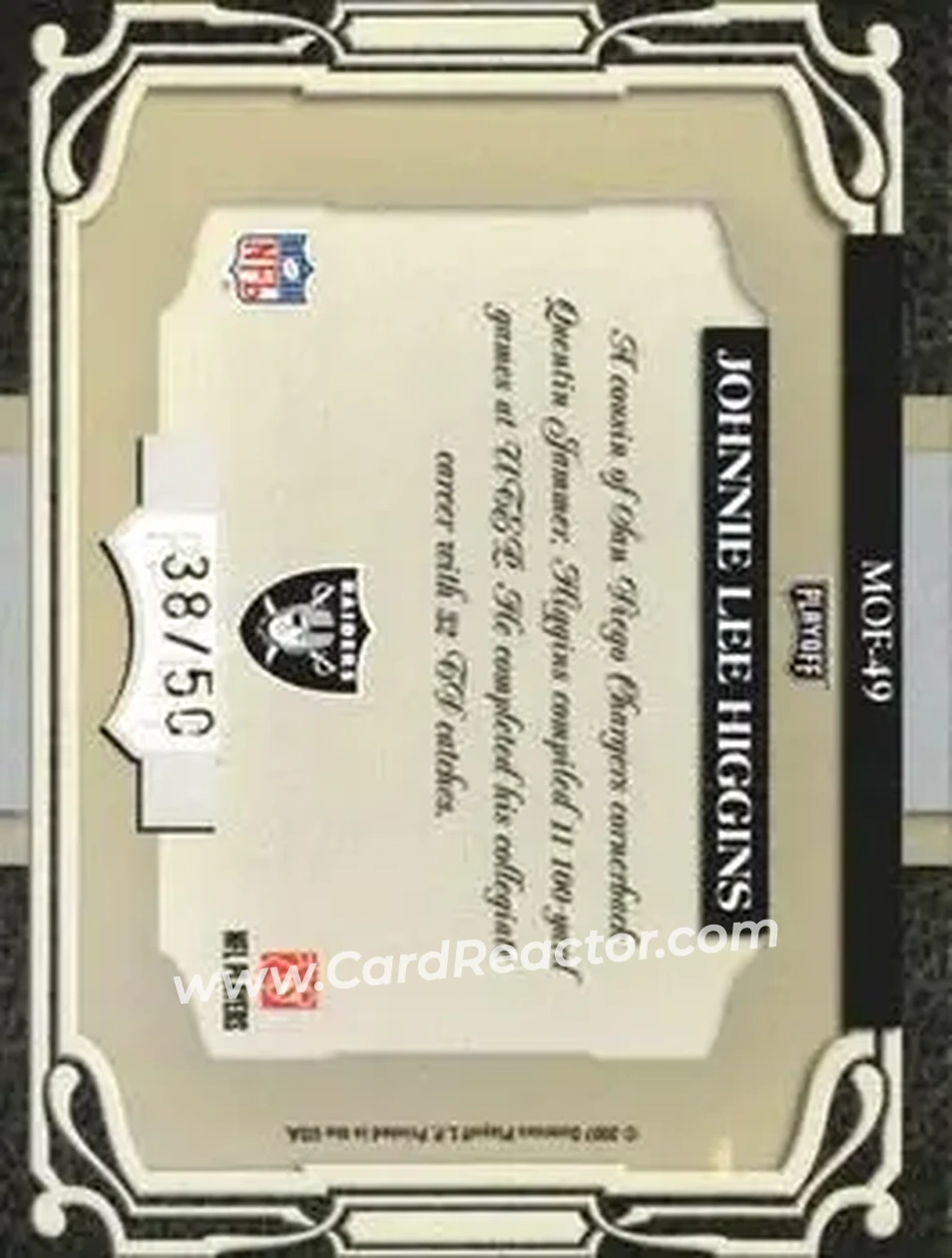 2007 Playoff Absolute Memorabilia - Marks of Fame Gold #MOF-49 - Johnnie Lee Higgins - Oakland Raiders - Back