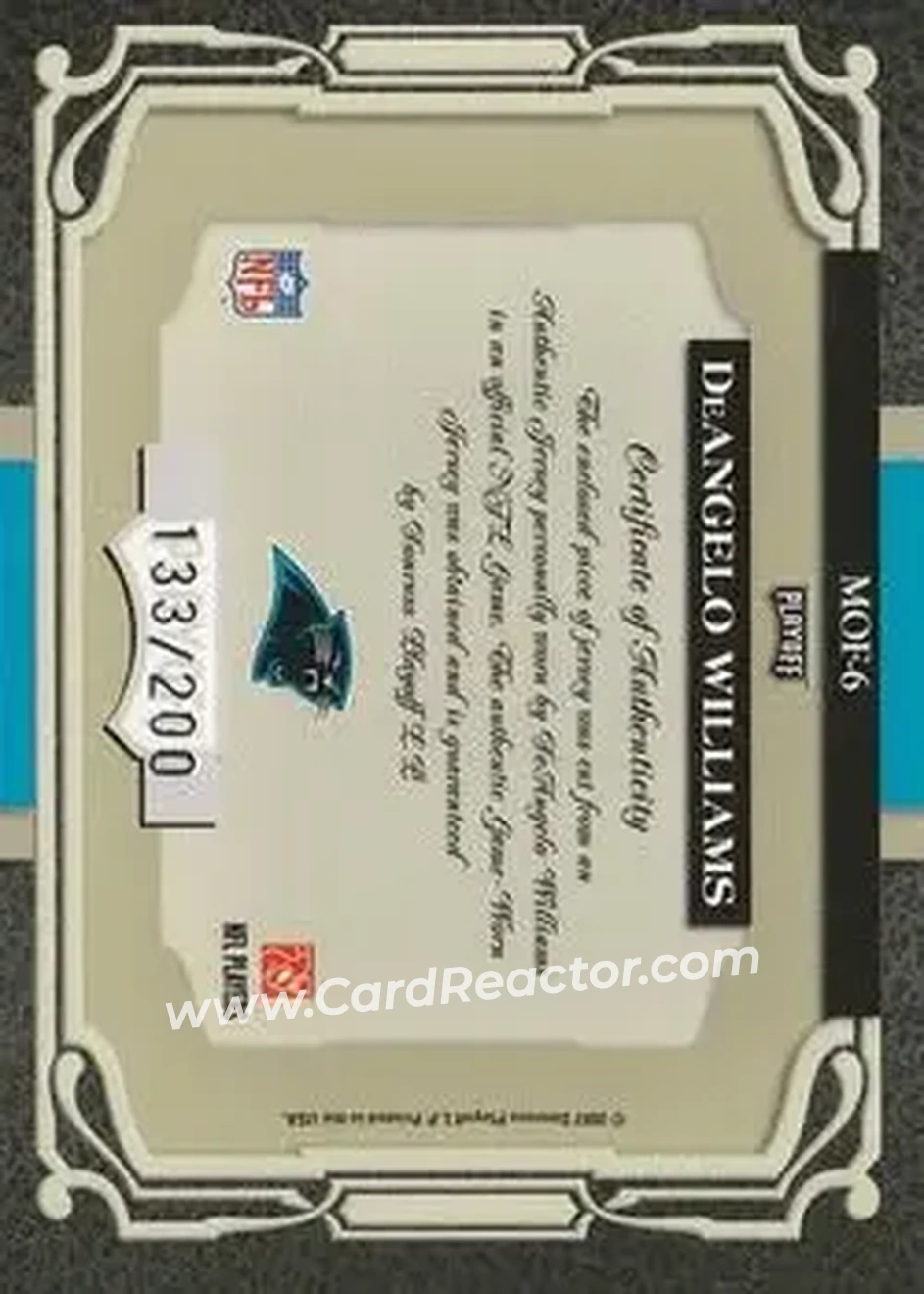 2007 Playoff Absolute Memorabilia - Marks of Fame Materials #MOF-6 - DeAngelo Williams - Carolina Panthers - Back 2007 Playoff Absolute Memorabilia - Marks of Fame Materials #MOF-6 - DeAngelo Williams - Carolina Panthers - Back