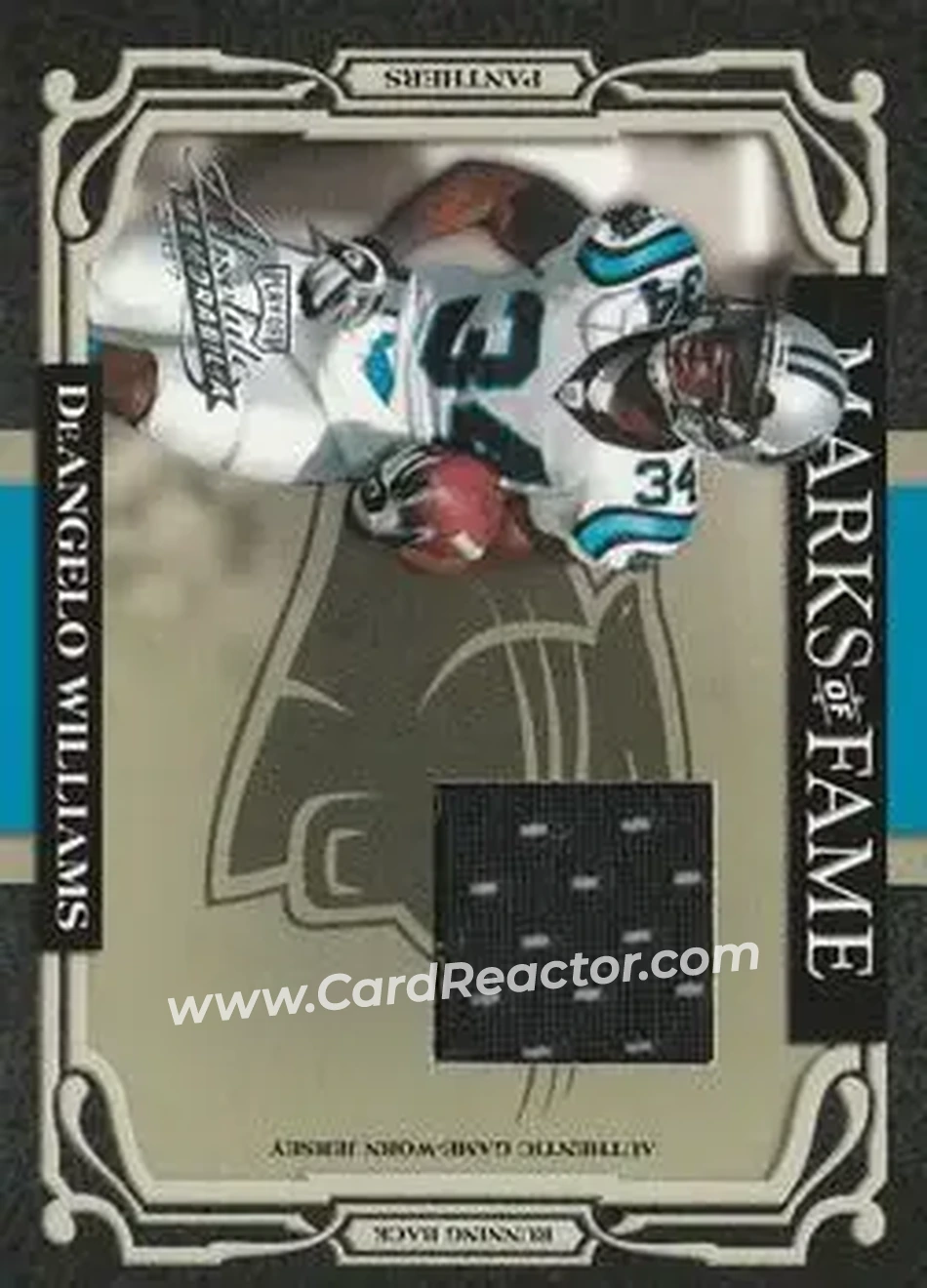 2007 Playoff Absolute Memorabilia - Marks of Fame Materials #MOF-6 - DeAngelo Williams - Carolina Panthers - Front 2007 Playoff Absolute Memorabilia - Marks of Fame Materials #MOF-6 - DeAngelo Williams - Carolina Panthers - Front