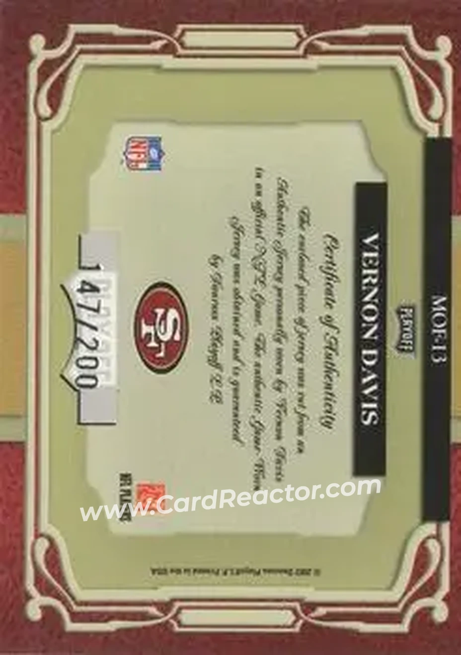 2007 Playoff Absolute Memorabilia - Marks of Fame Materials #MOF-13 - Vernon Davis - San Francisco 49ers - Back 2007 Playoff Absolute Memorabilia - Marks of Fame Materials #MOF-13 - Vernon Davis - San Francisco 49ers - Back