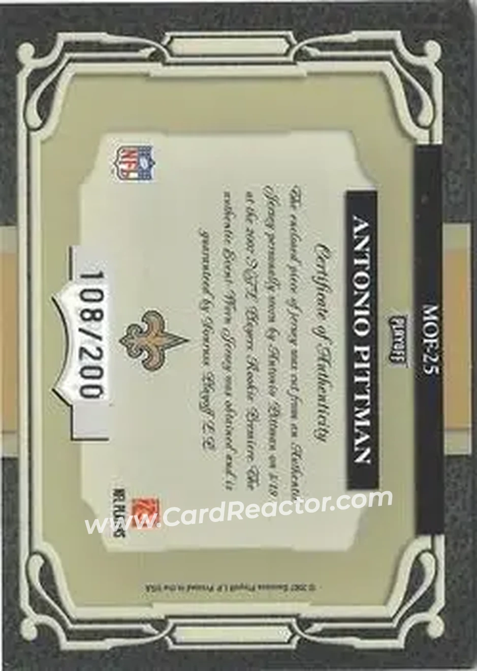 2007 Playoff Absolute Memorabilia - Marks of Fame Materials #MOF-25 - Antonio Pittman - New Orleans Saints - Back 2007 Playoff Absolute Memorabilia - Marks of Fame Materials #MOF-25 - Antonio Pittman - New Orleans Saints - Back
