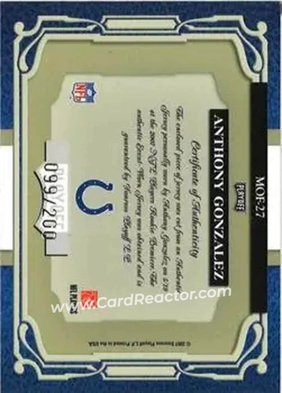 2007 Playoff Absolute Memorabilia - Marks of Fame Materials #MOF-27 - Anthony Gonzalez - Indianapolis Colts - Back