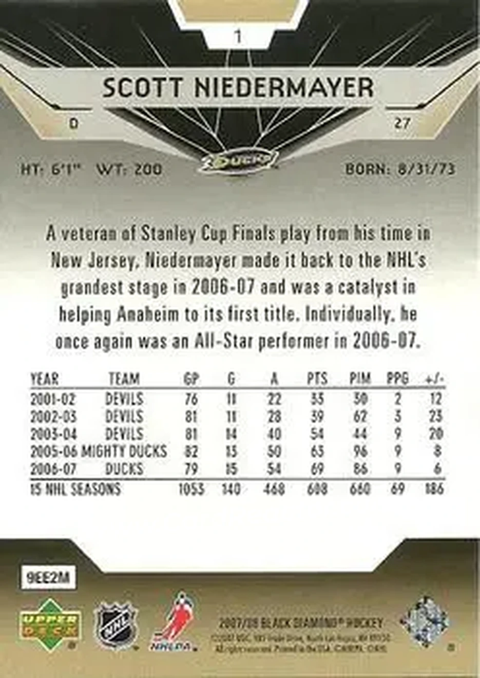 2007-08 Upper Deck Black Diamond #1 - Scott Niedermayer - Anaheim Ducks - Back