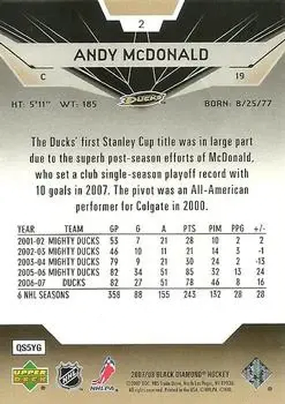 2007-08 Upper Deck Black Diamond #2 - Andy McDonald - Anaheim Ducks - Back