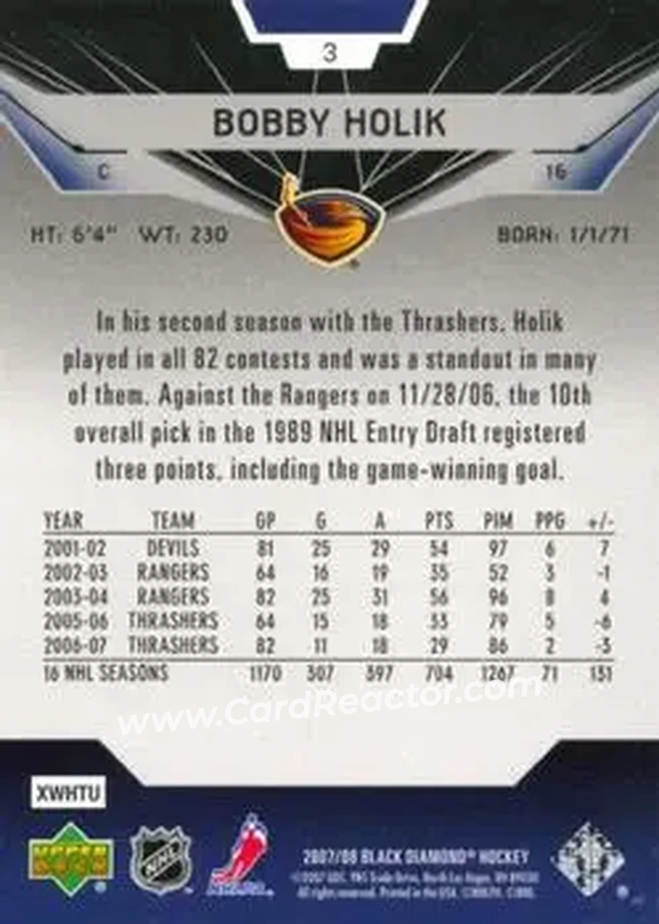 2007-08 Upper Deck Black Diamond #3 - Bobby Holik - Atlanta Thrashers - Back