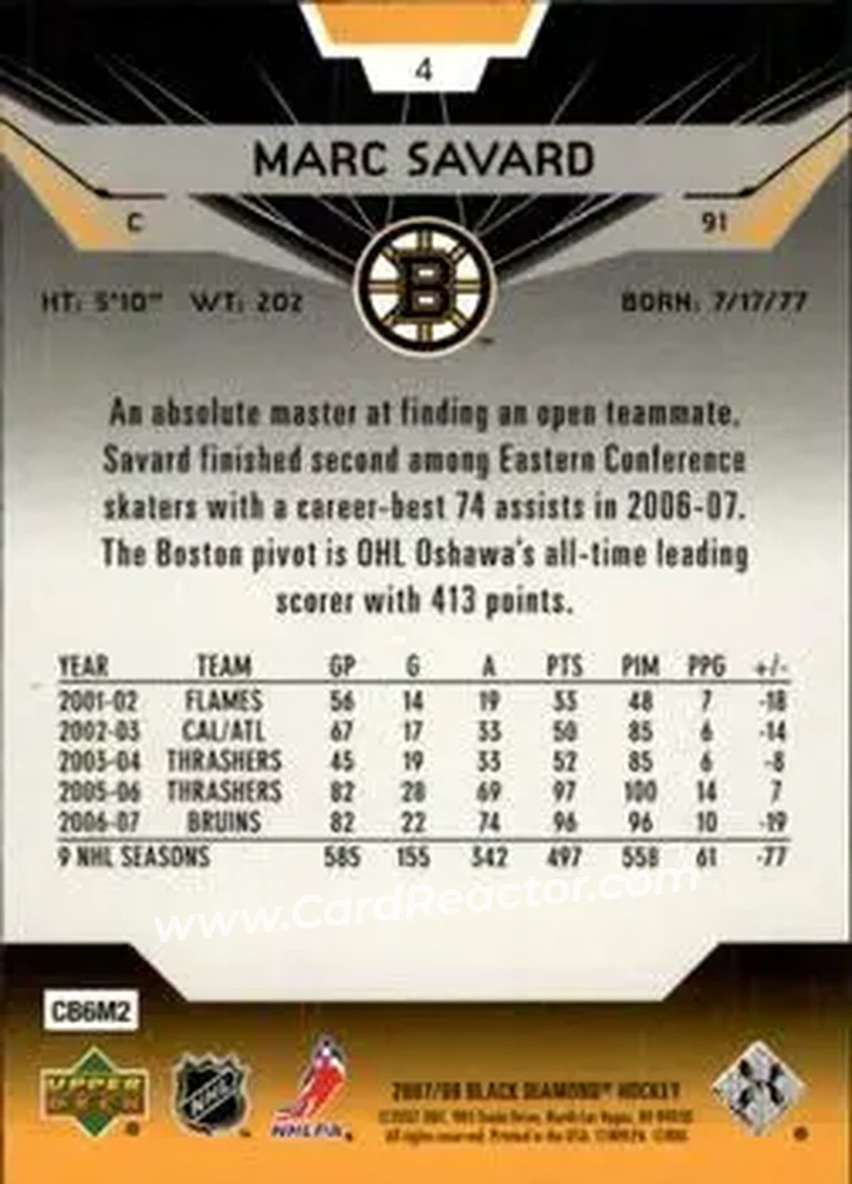 2007-08 Upper Deck Black Diamond #4 - Marc Savard - Boston Bruins - Back