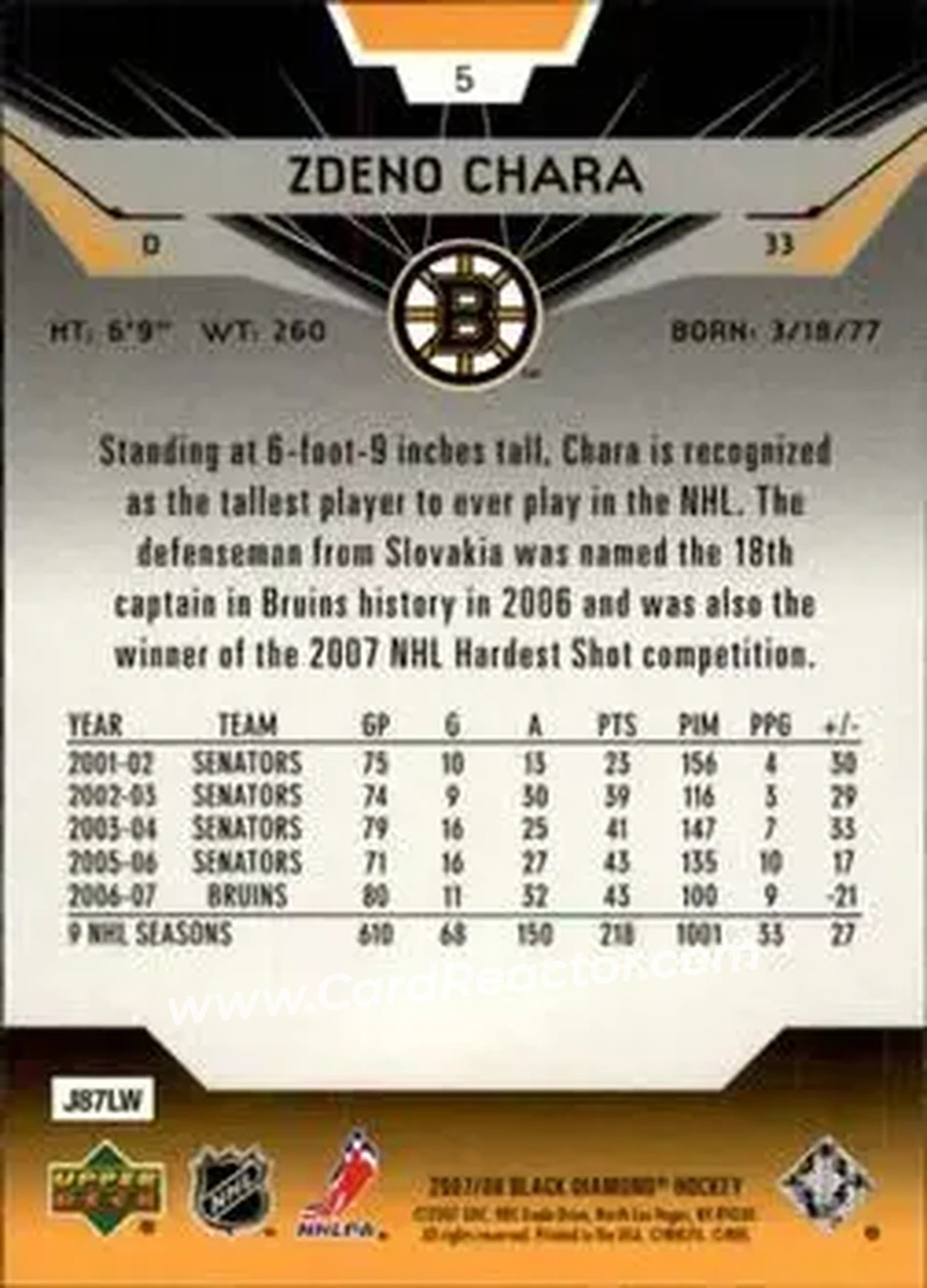 2007-08 Upper Deck Black Diamond #5 - Zdeno Chara - Boston Bruins - Back