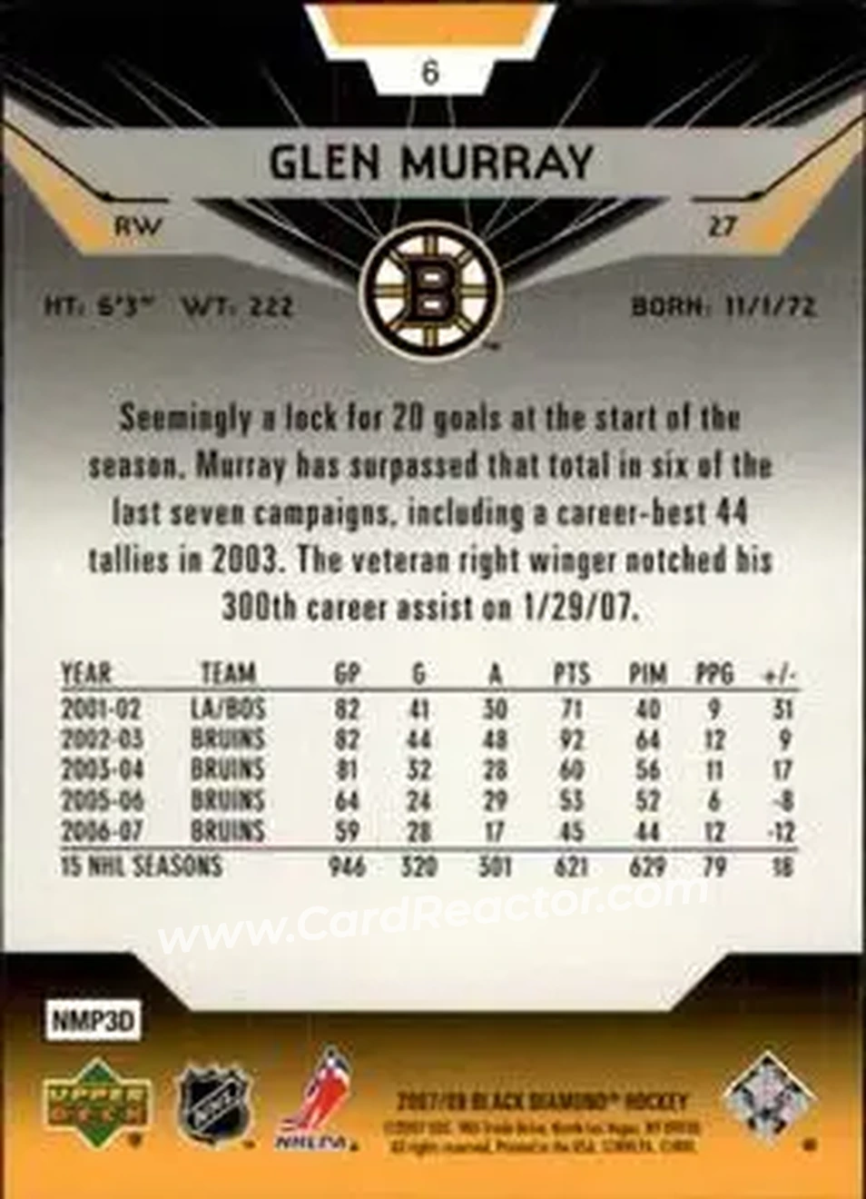 2007-08 Upper Deck Black Diamond #6 - Glen Murray - Boston Bruins - Back