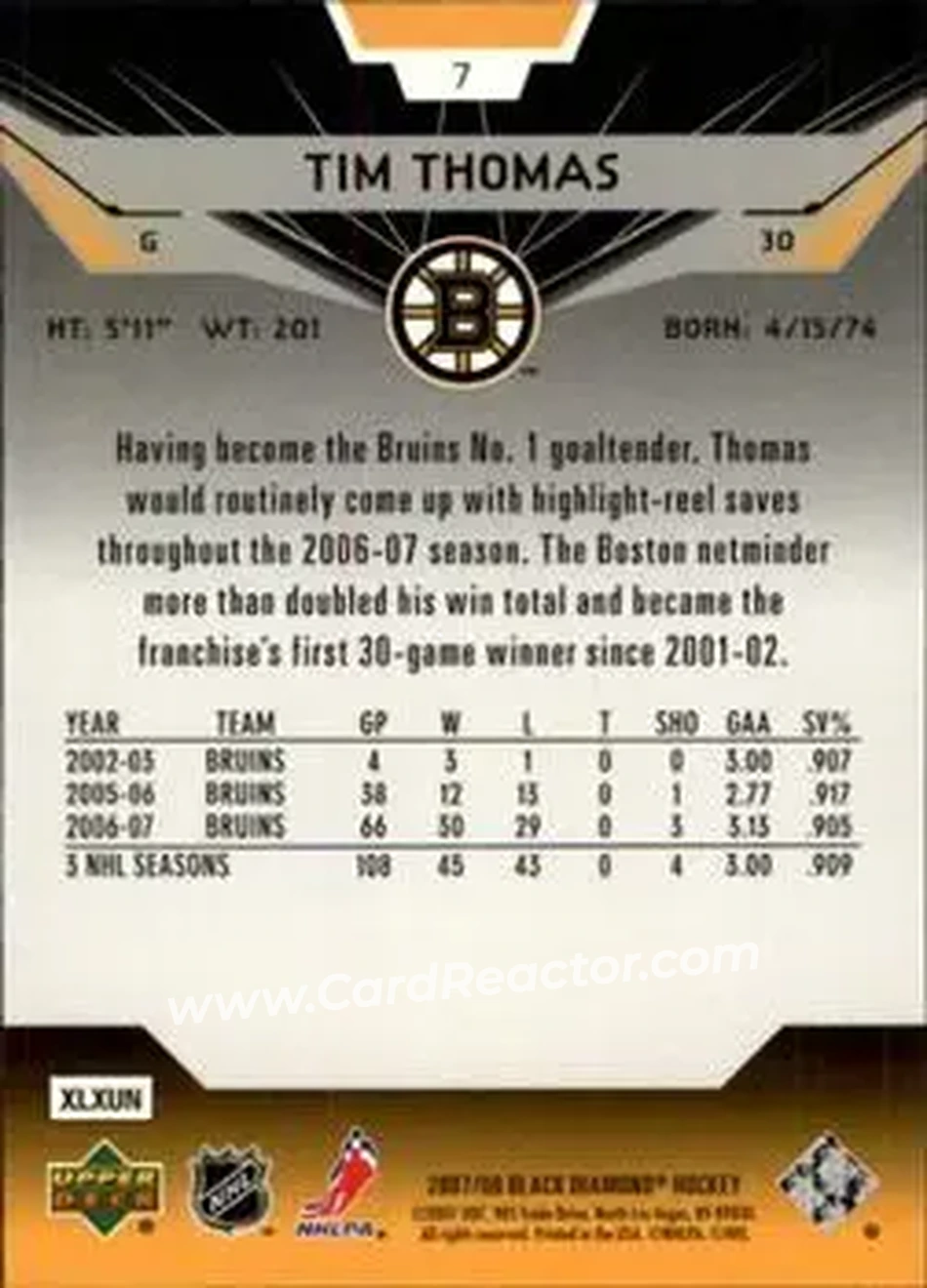 2007-08 Upper Deck Black Diamond #7 - Tim Thomas - Boston Bruins - Back