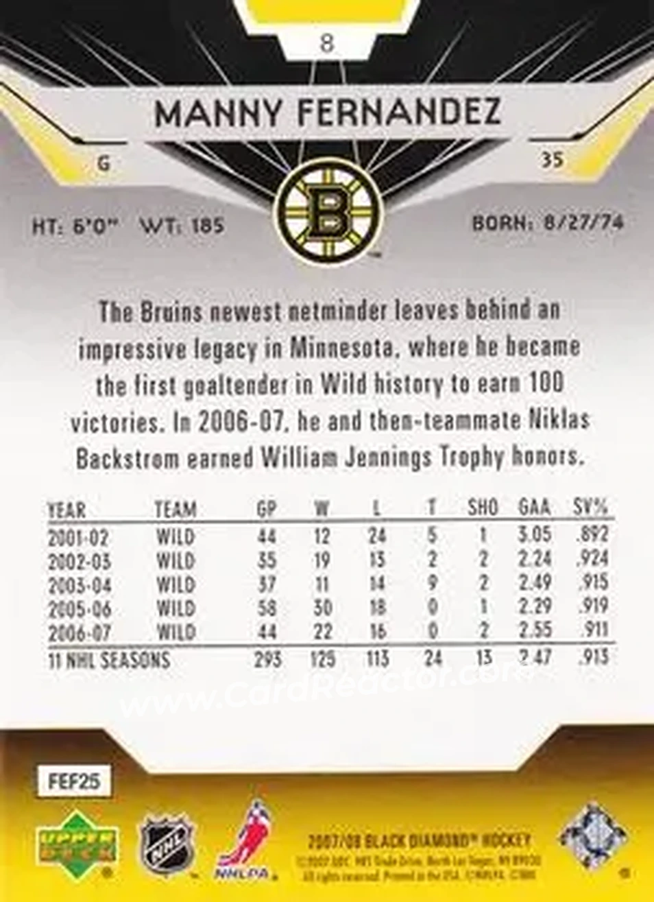 2007-08 Upper Deck Black Diamond #8 - Manny Fernandez - Boston Bruins - Back