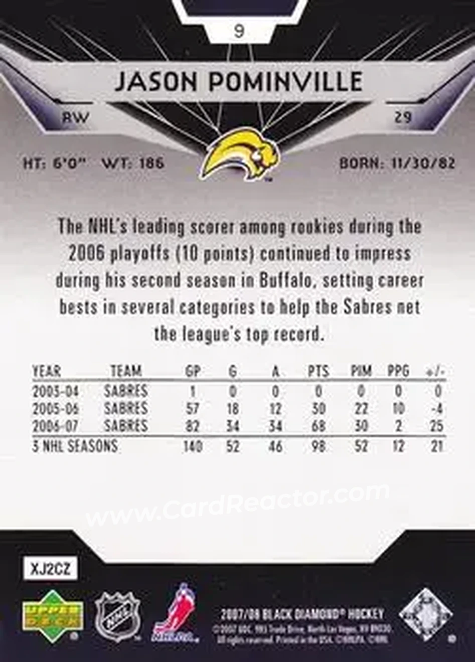 2007-08 Upper Deck Black Diamond #9 - Jason Pominville - Buffalo Sabres - Back 2007-08 Upper Deck Black Diamond #9 - Jason Pominville - Buffalo Sabres - Back