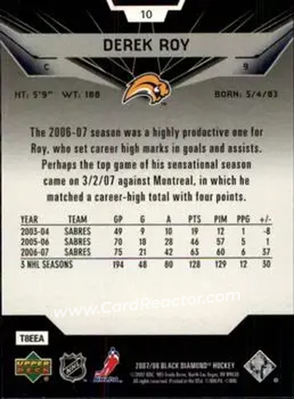 2007-08 Upper Deck Black Diamond #10 - Derek Roy - Buffalo Sabres - Back