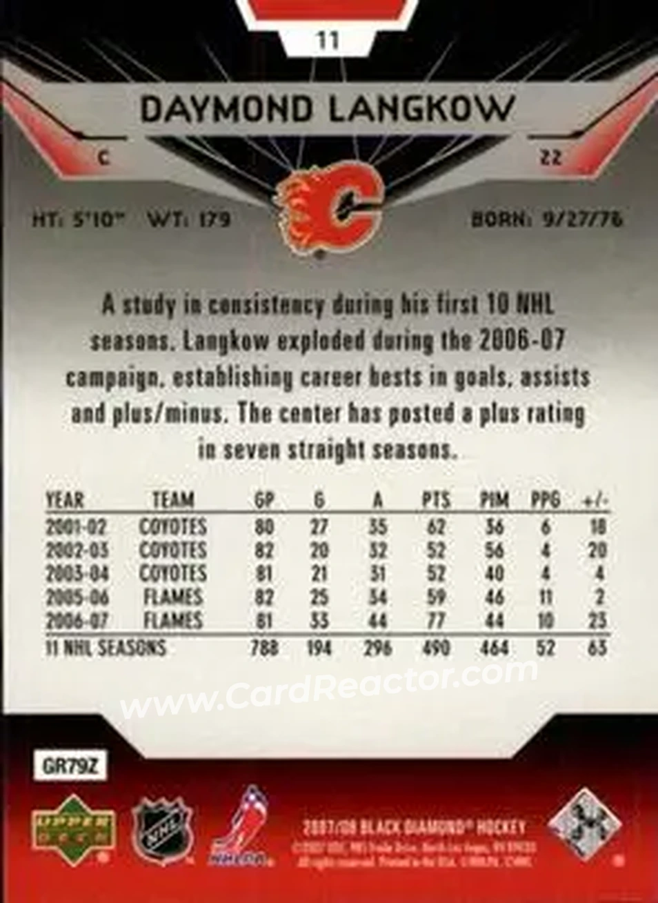 2007-08 Upper Deck Black Diamond #11 - Daymond Langkow - Calgary Flames - Back