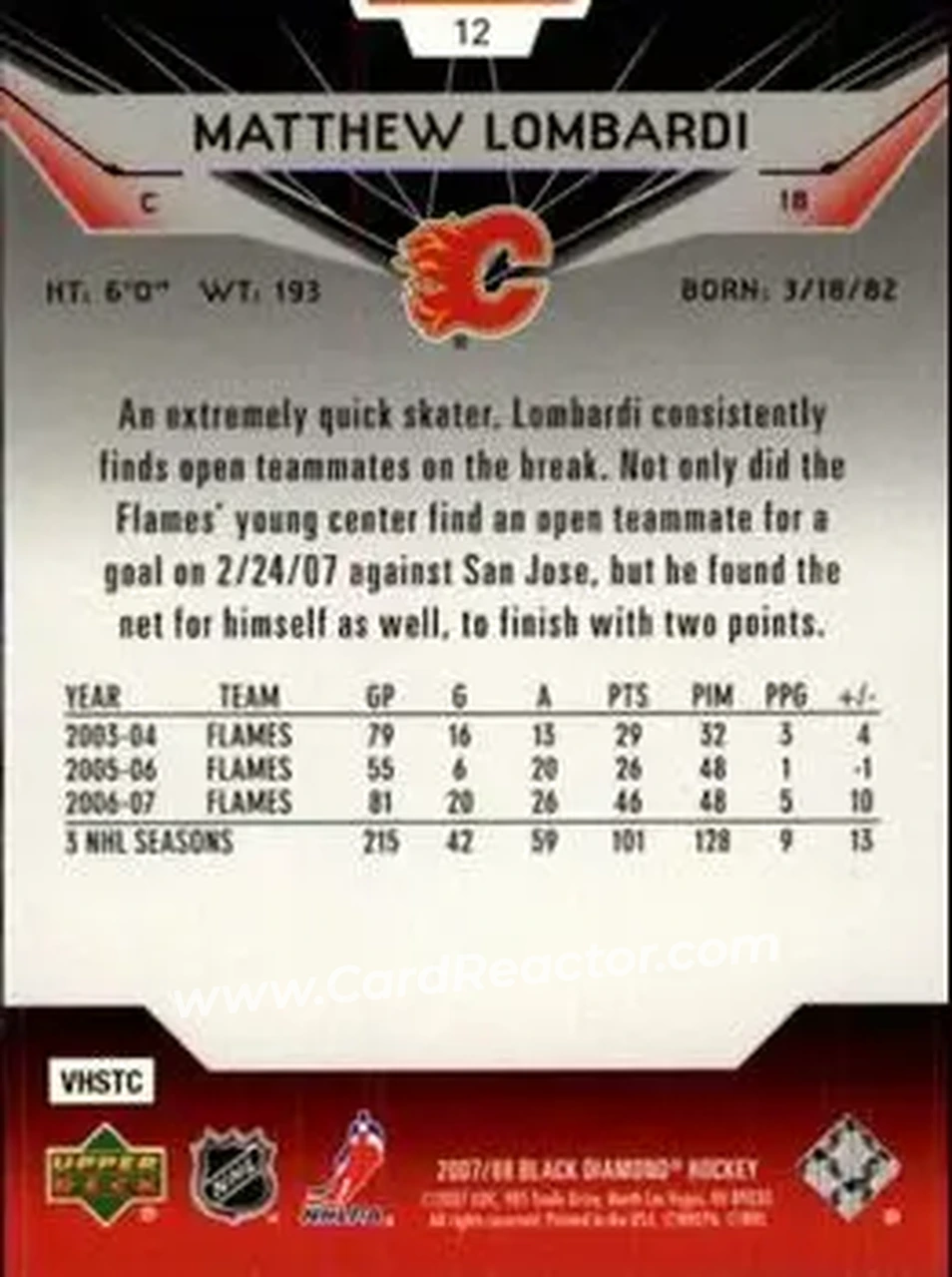 2007-08 Upper Deck Black Diamond #12 - Matthew Lombardi - Calgary Flames - Back