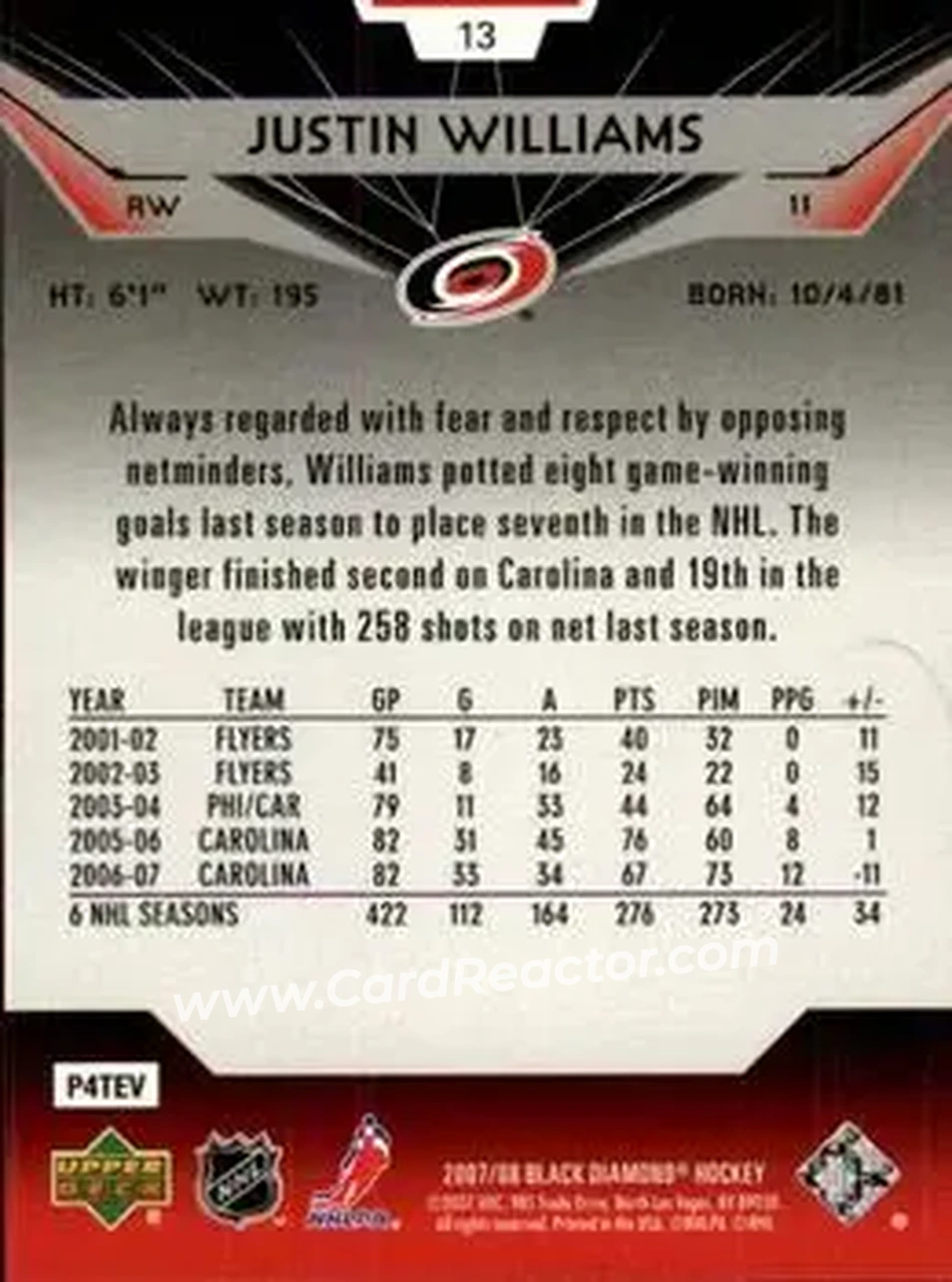 2007-08 Upper Deck Black Diamond #13 - Justin Williams - Carolina Hurricanes - Back