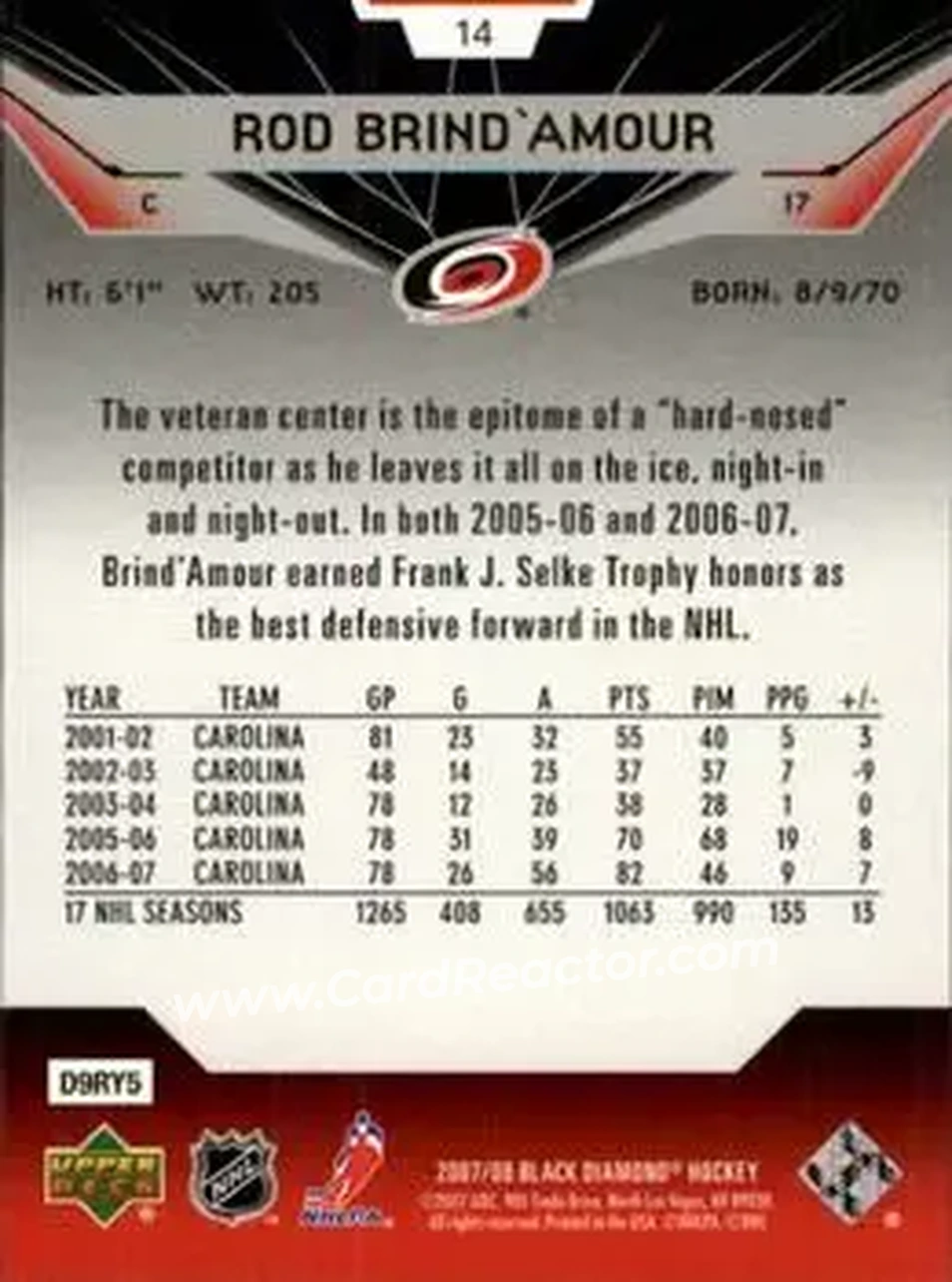 2007-08 Upper Deck Black Diamond #14 - Rod Brind`Amour - Carolina Hurricanes - Back