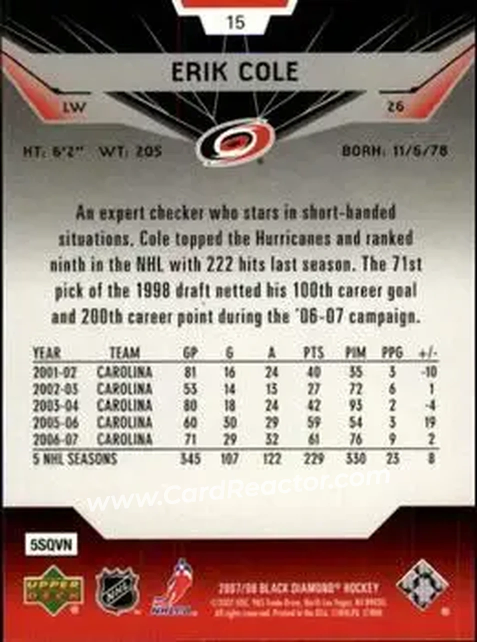 2007-08 Upper Deck Black Diamond #15 - Erik Cole - Carolina Hurricanes - Back